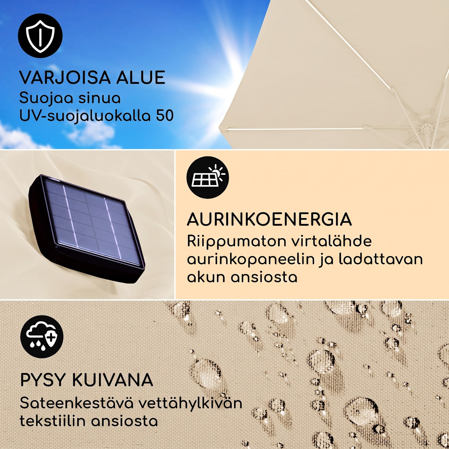 Blumfeldt Calais aurinkovarjo LED alumiinirunko polyesterikangas UV 50  Norsunluu