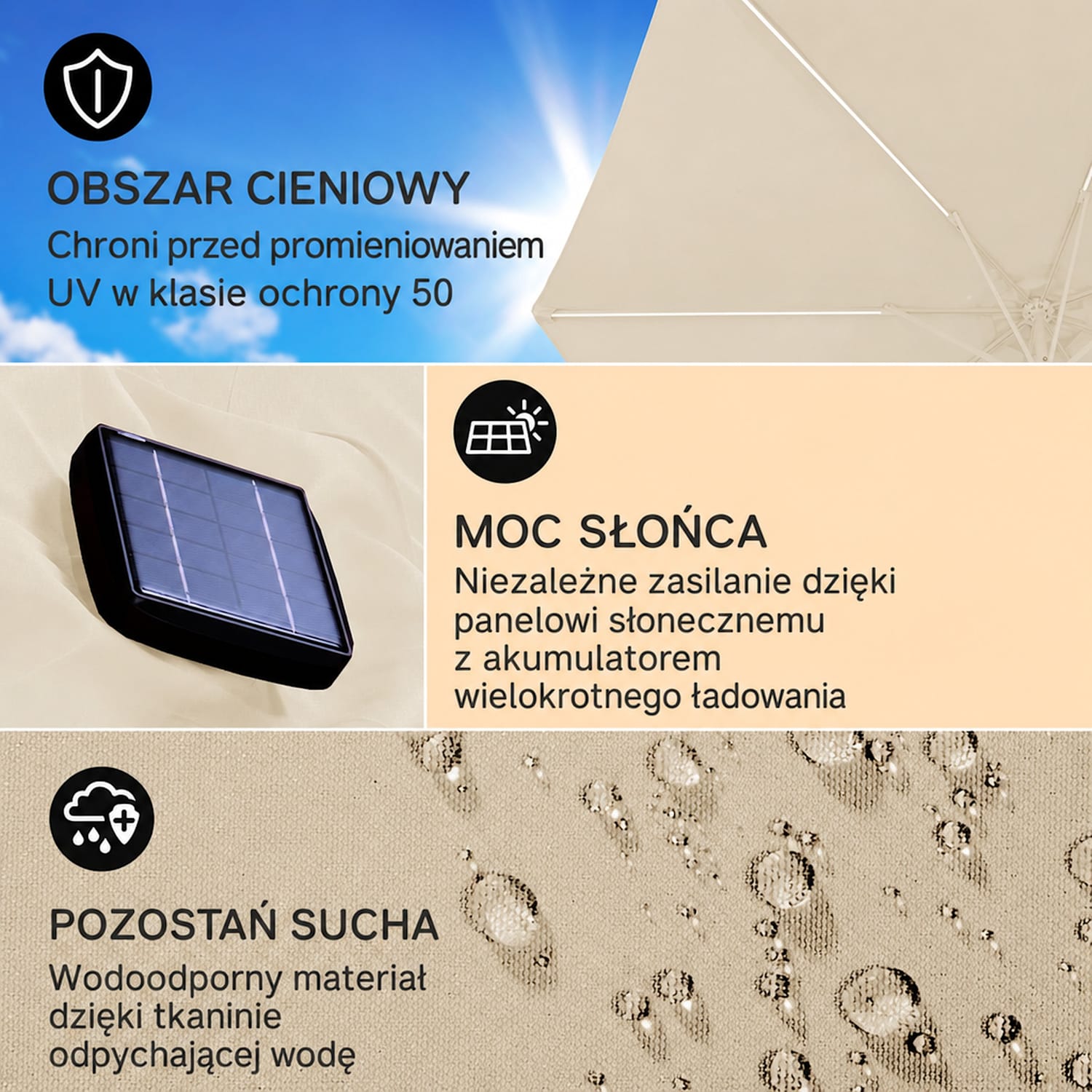 Calais, parasol ogrodowy, LED, aluminium, poszycie z poliestru, UPF 54 Kość Słoniowa