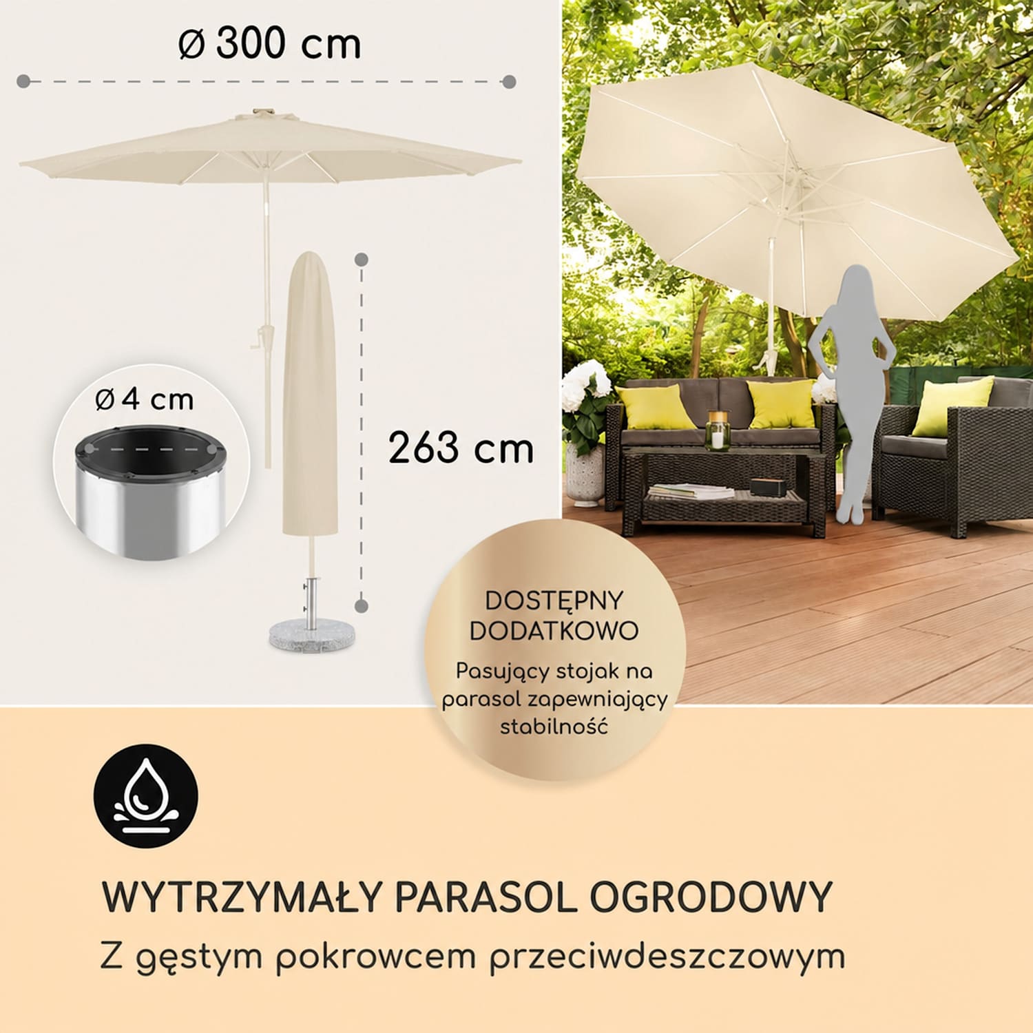 Calais, parasol ogrodowy, LED, aluminium, poszycie z poliestru, UPF 54 Kość Słoniowa