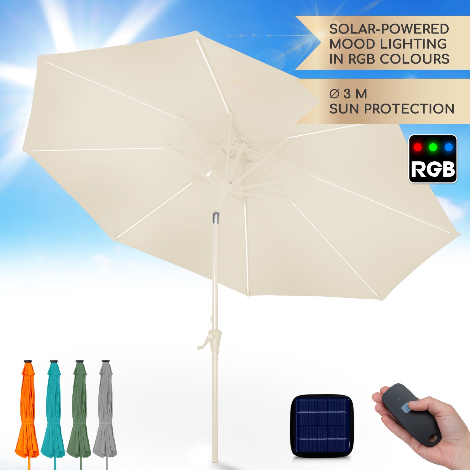 Calais, slnečník, hliníkový rám, polyester, UV 50, LED svetlo Slonovina