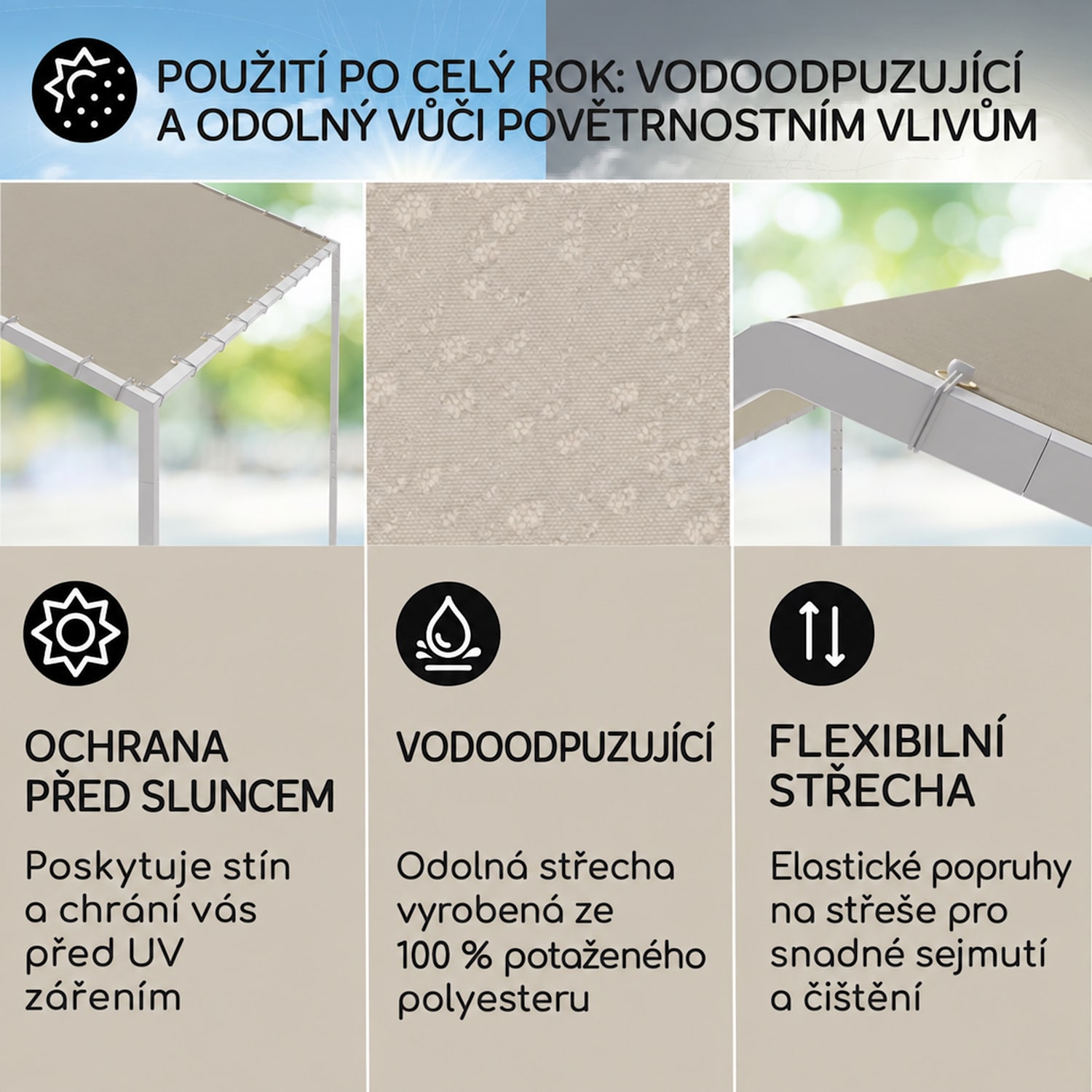 Altán La Rochelle, šikmá střecha, UV 50+, hliníkový rám, polyesterová krytina Světlá taupe