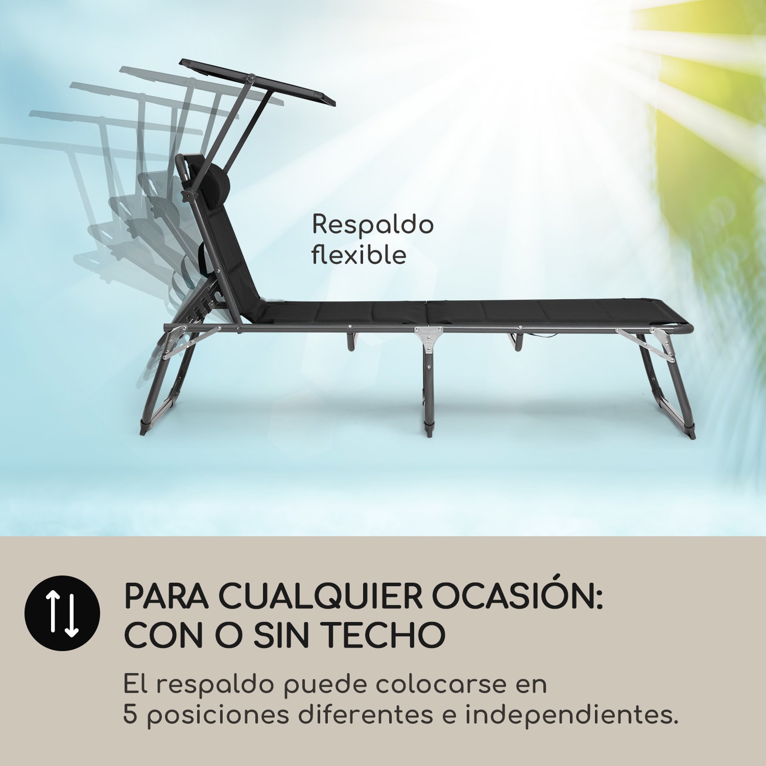 Tumbona Amalfi 70 x 37 x 200 cm Sombrilla de 5 peldaños Respaldo de acero tubular Resistente a la intemperie Negro