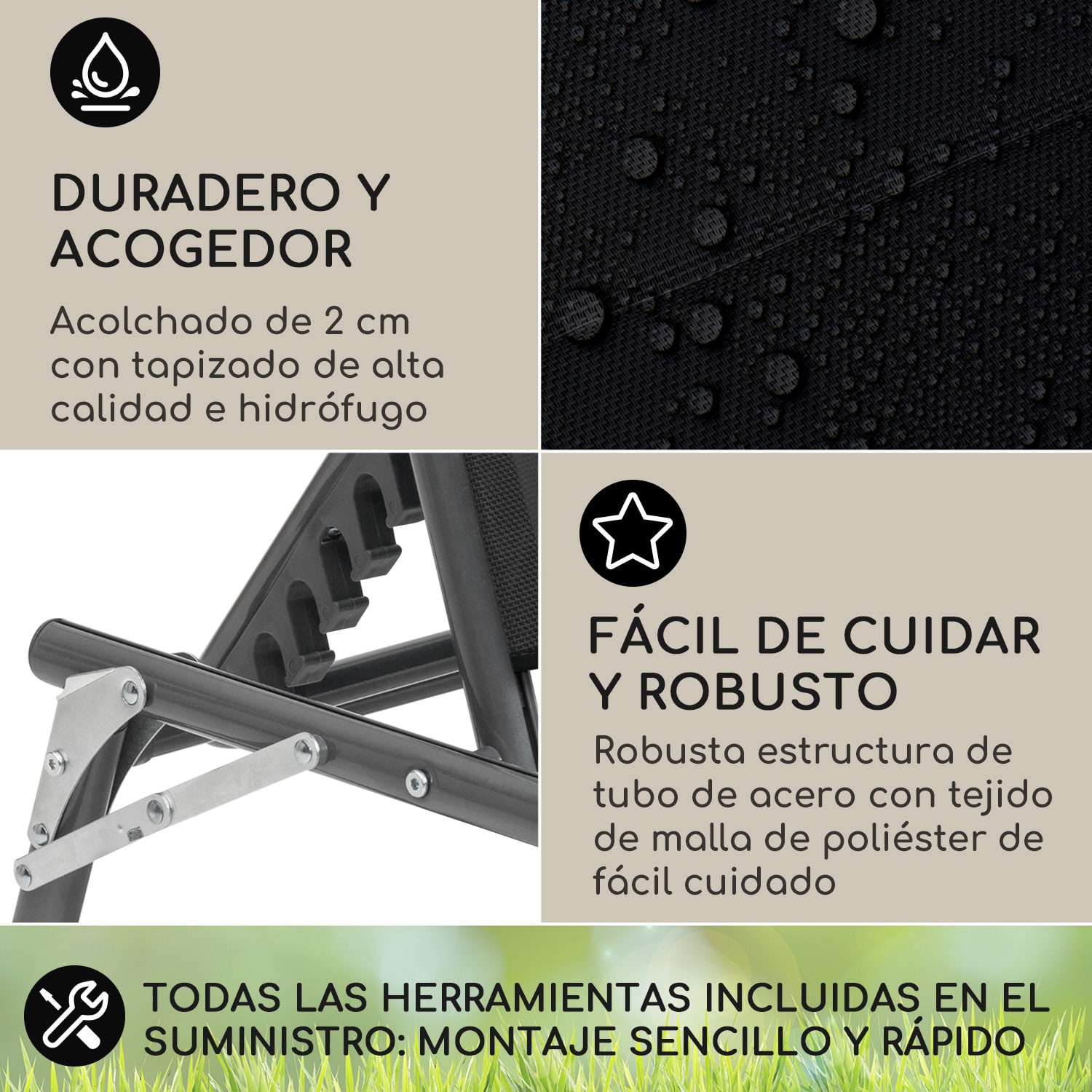 Tumbona Amalfi 70 x 37 x 200 cm Sombrilla de 5 peldaños Respaldo de acero tubular Resistente a la intemperie Negro
