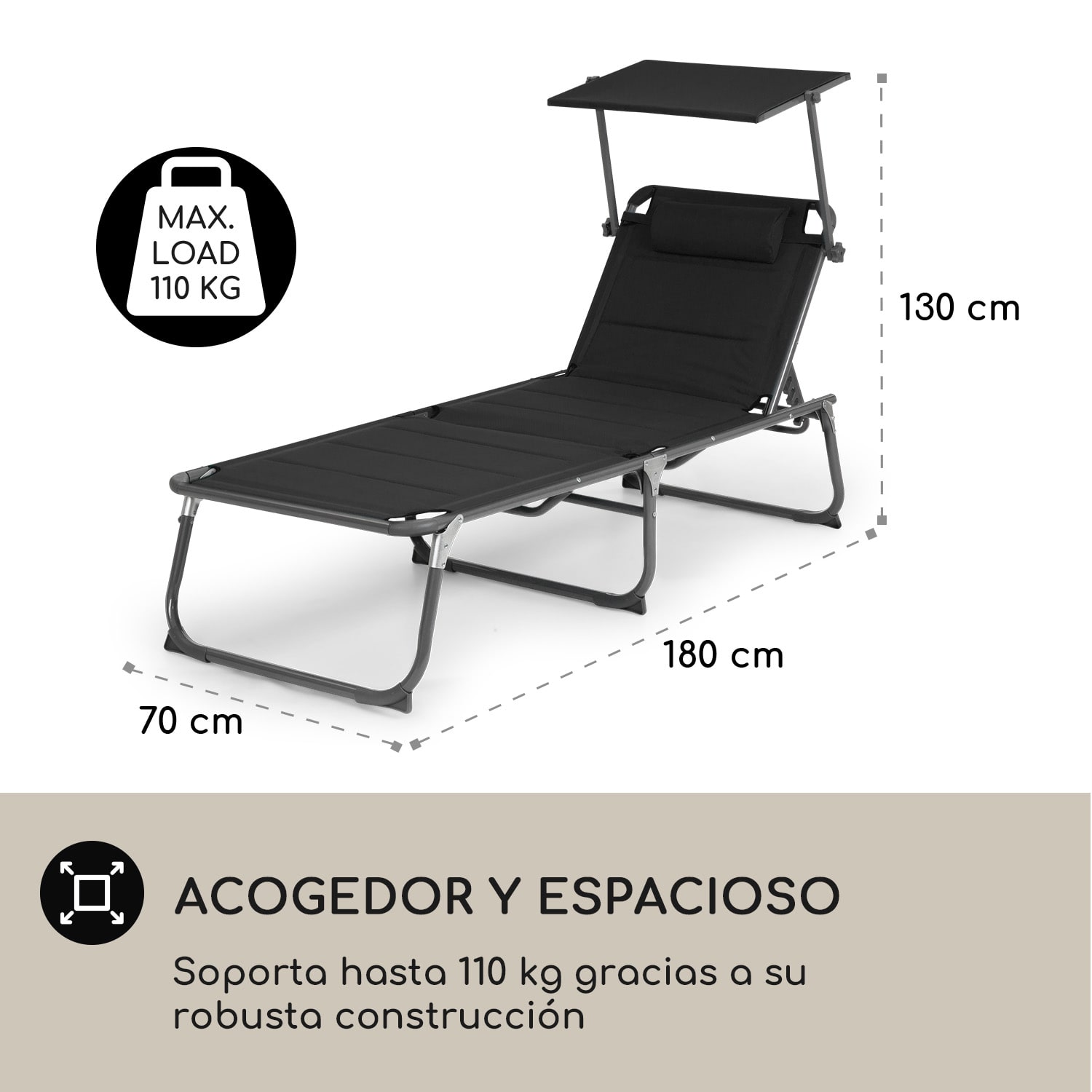 Tumbona Amalfi 70 x 37 x 200 cm Sombrilla de 5 peldaños Respaldo de acero tubular Resistente a la intemperie Negro