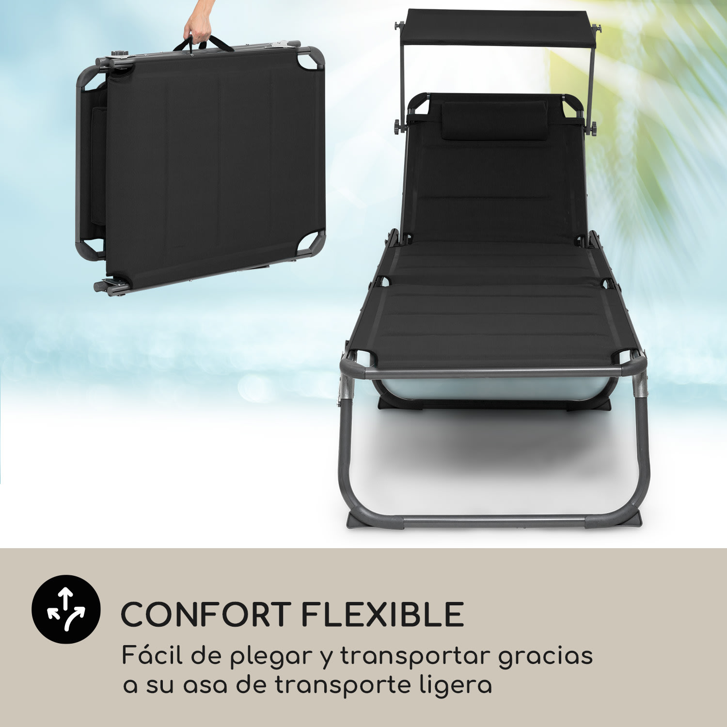 Tumbona Amalfi 70 x 37 x 200 cm Sombrilla de 5 peldaños Respaldo de acero tubular Resistente a la intemperie Negro