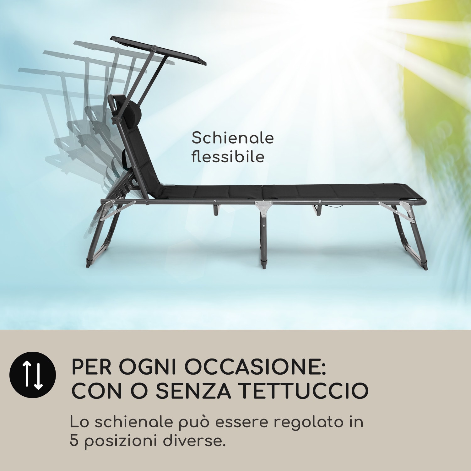 Amalfi lettino, 70 x 37 x 200 cm, parasole, schienale regolabile su 5 livelli, tubo d'acciaio, resistente alle intemperie Nero