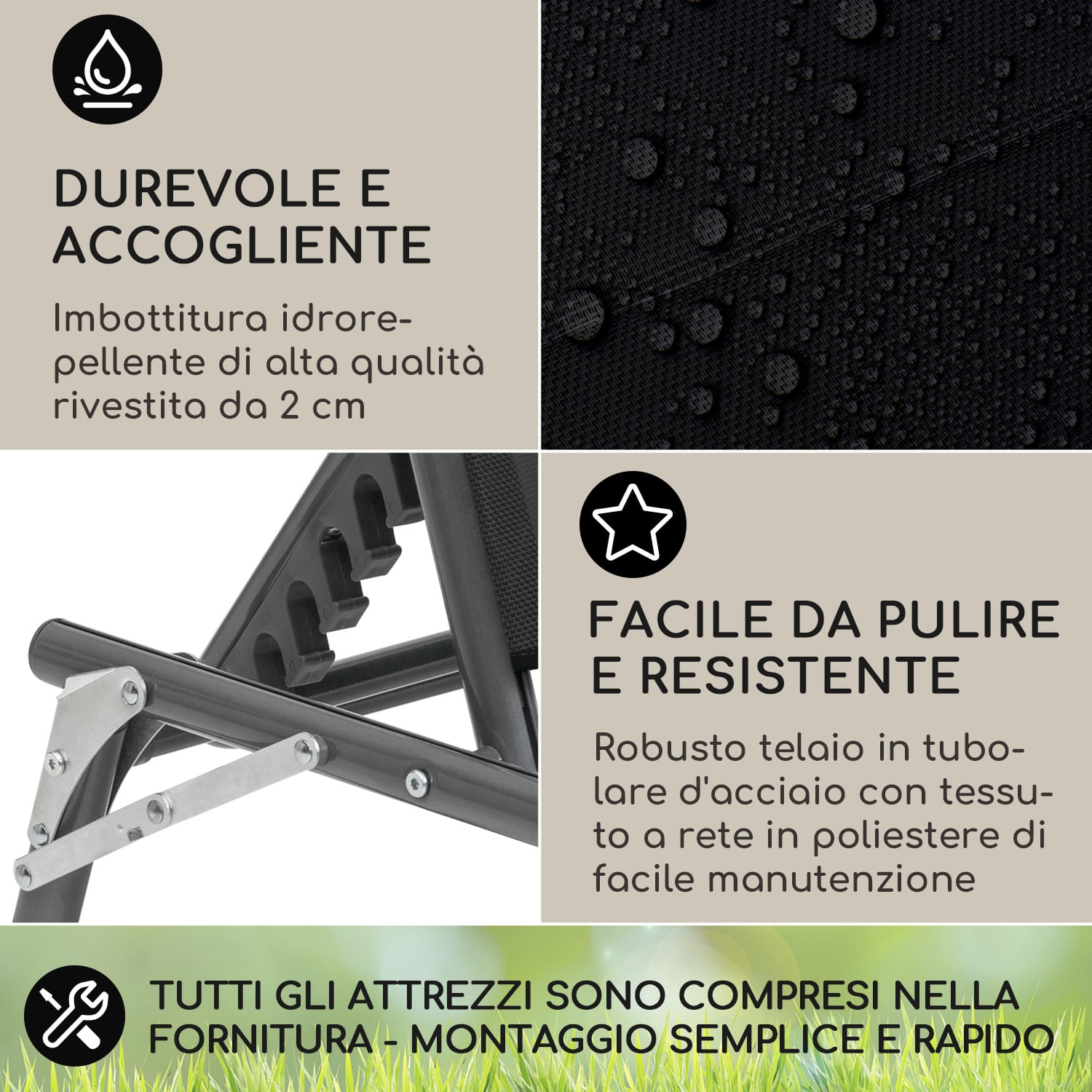 Amalfi lettino, 70 x 37 x 200 cm, parasole, schienale regolabile su 5 livelli, tubo d'acciaio, resistente alle intemperie Nero