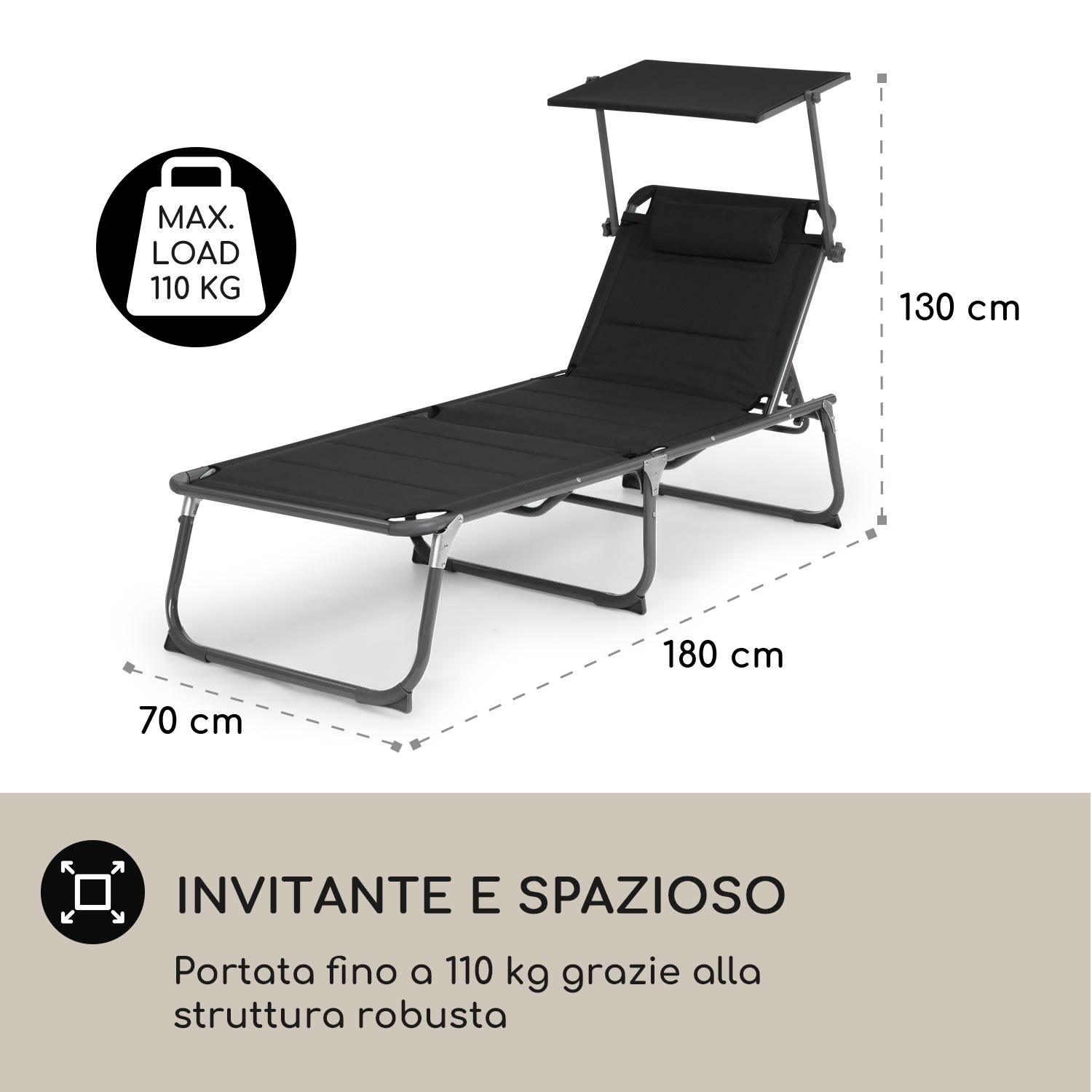 Amalfi lettino, 70 x 37 x 200 cm, parasole, schienale regolabile su 5 livelli, tubo d'acciaio, resistente alle intemperie Nero