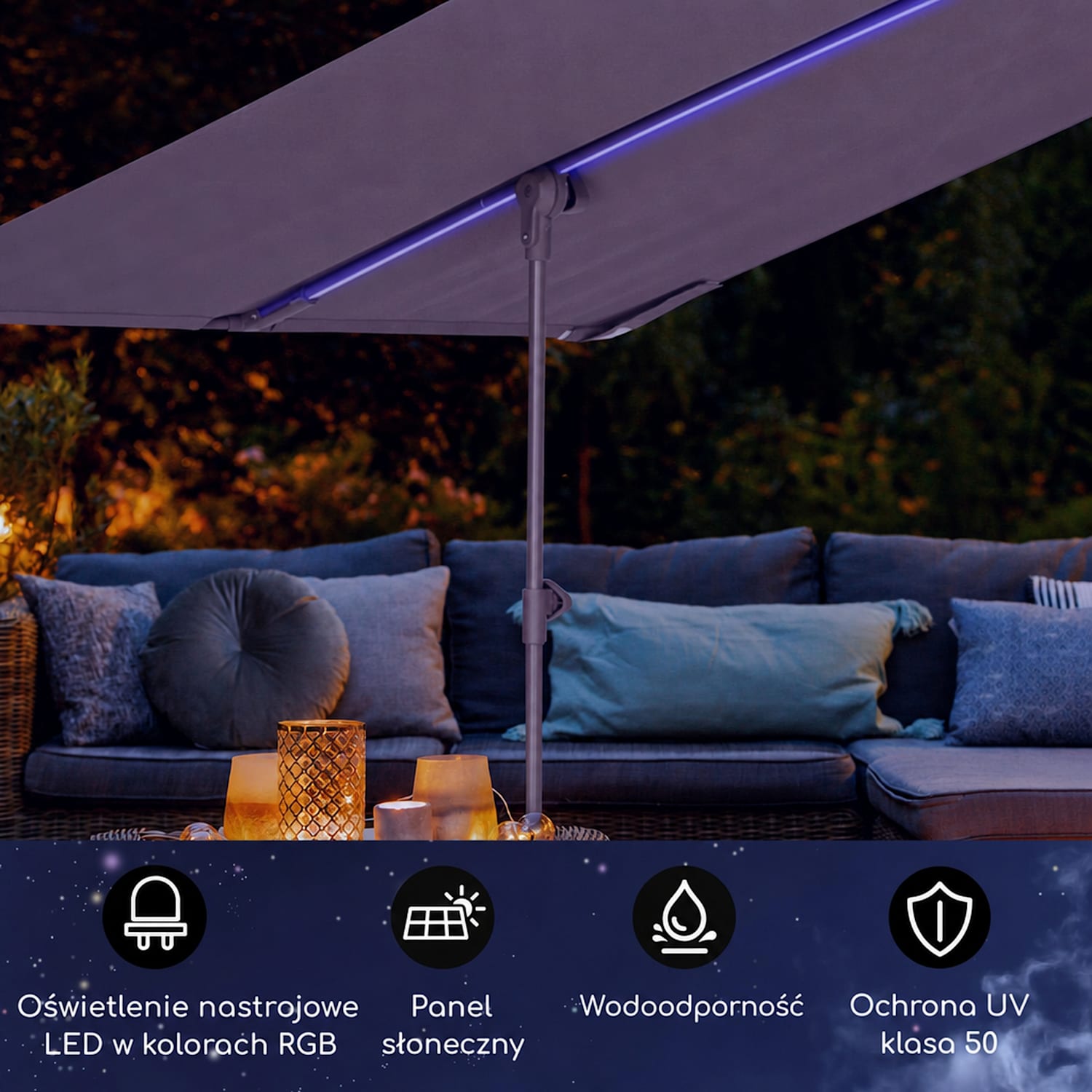 Bayonne, parasol ogrodowy, 130 x 180 cm, poliester, ochrona UPF 50, solar LED Jasny Taupe
