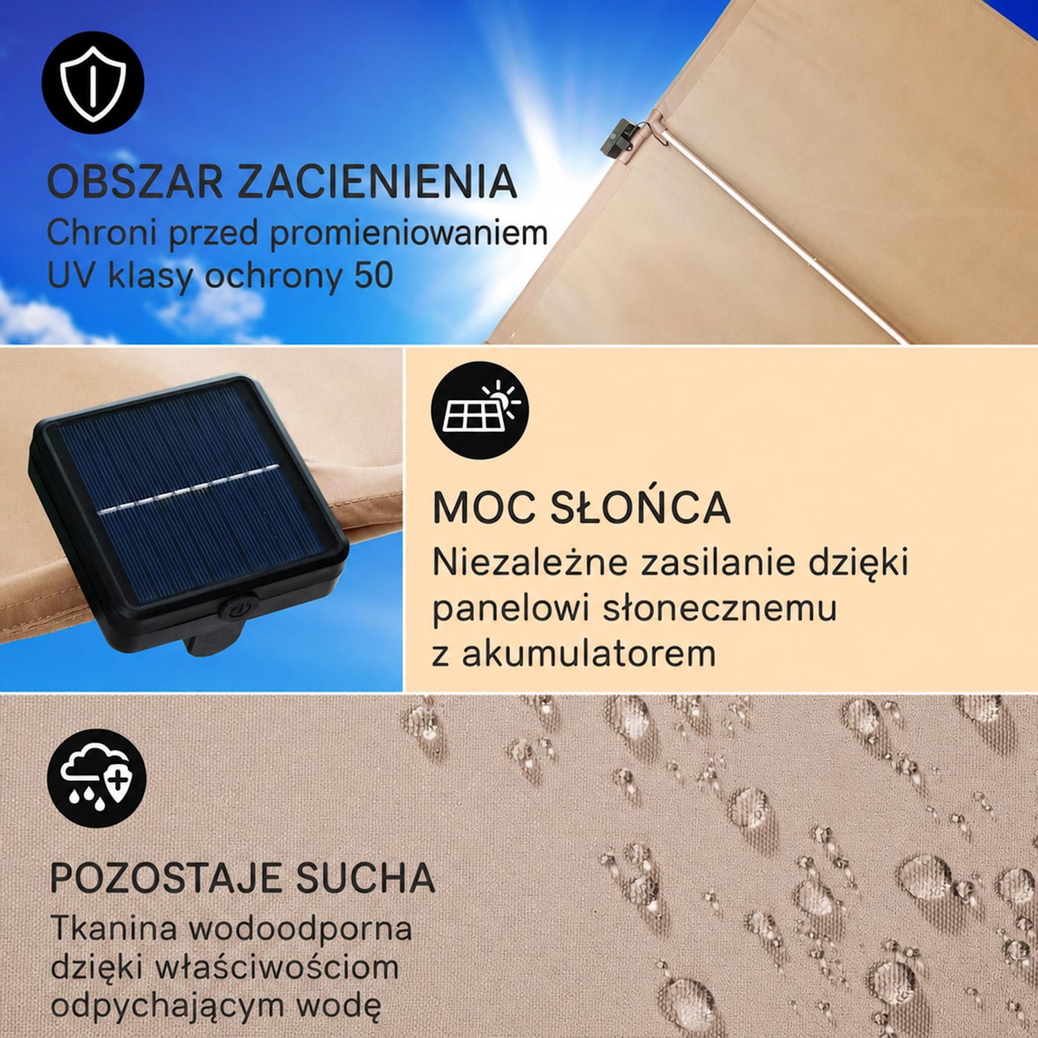 Bayonne, parasol ogrodowy, 130 x 180 cm, poliester, ochrona UPF 50, solar LED Jasny Taupe