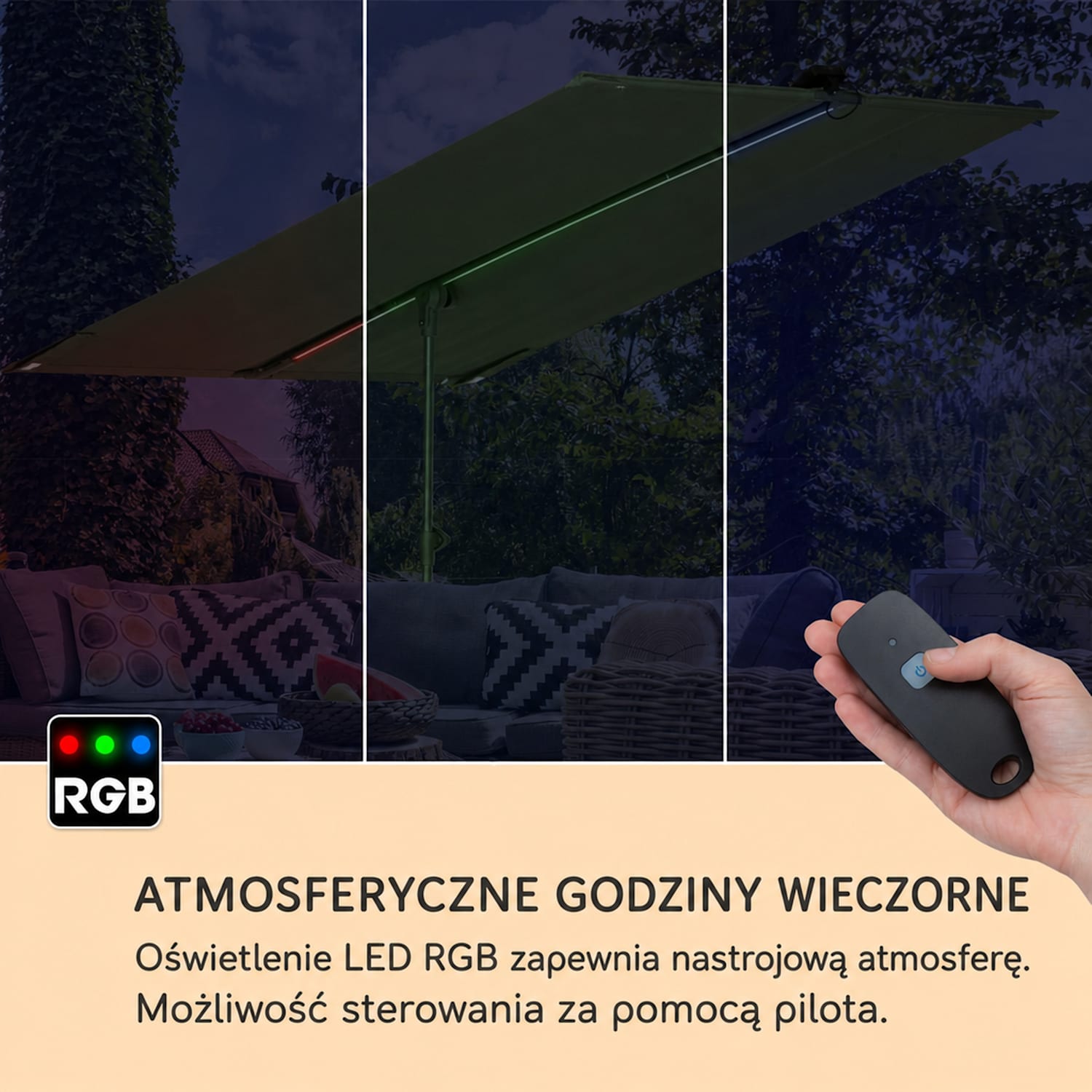 Bayonne, parasol ogrodowy, 130 x 180 cm, poliester, ochrona UPF 50, solar LED Jasny Taupe