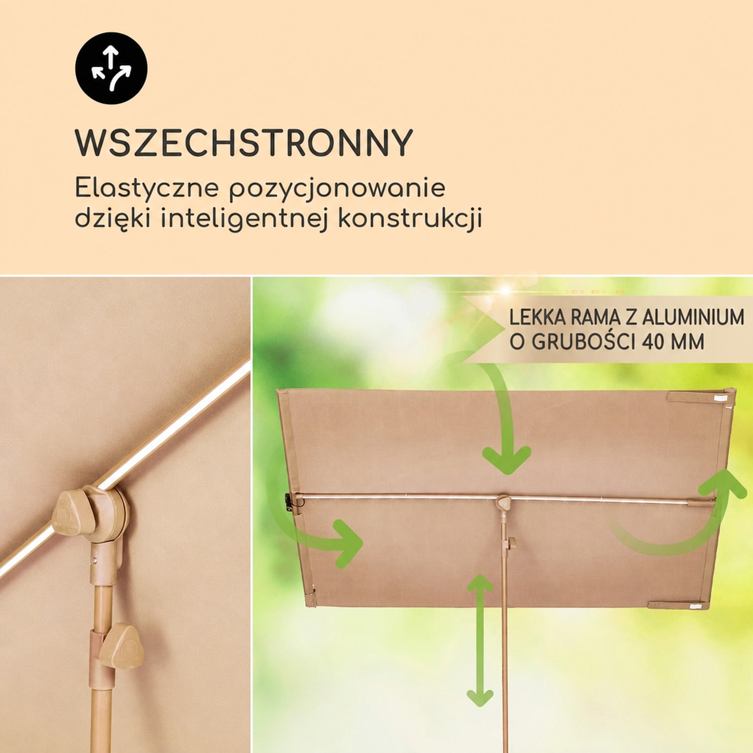 Bayonne, parasol ogrodowy, 130 x 180 cm, poliester, ochrona UPF 50, solar LED Jasny Taupe