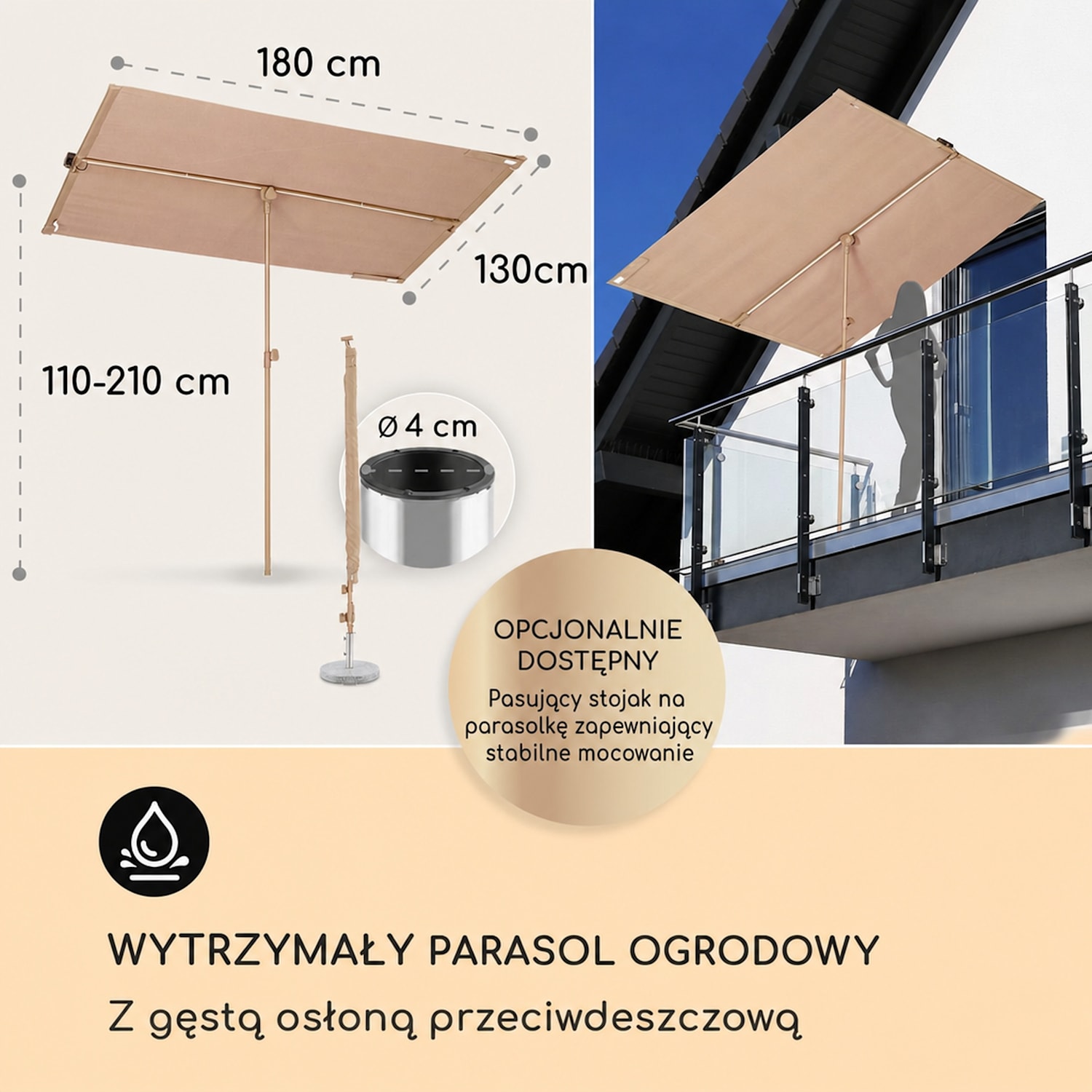 Bayonne, parasol ogrodowy, 130 x 180 cm, poliester, ochrona UPF 50, solar LED Jasny Taupe