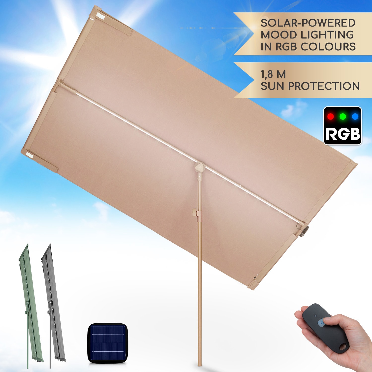 Bayonne, napernyő, 130 x 180 cm, poliészter, UV védelem 50, napelemes LED Világos szürke színű