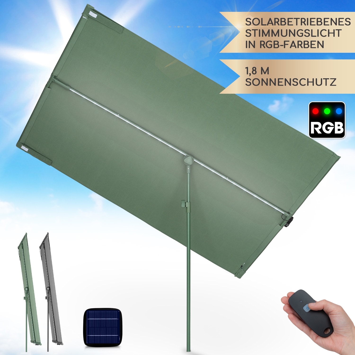 blumfeldt Bayonne Sonnenschirm 130 x 180 cm Polyester UV 50 Solar LED  Dunkles Moosgrün