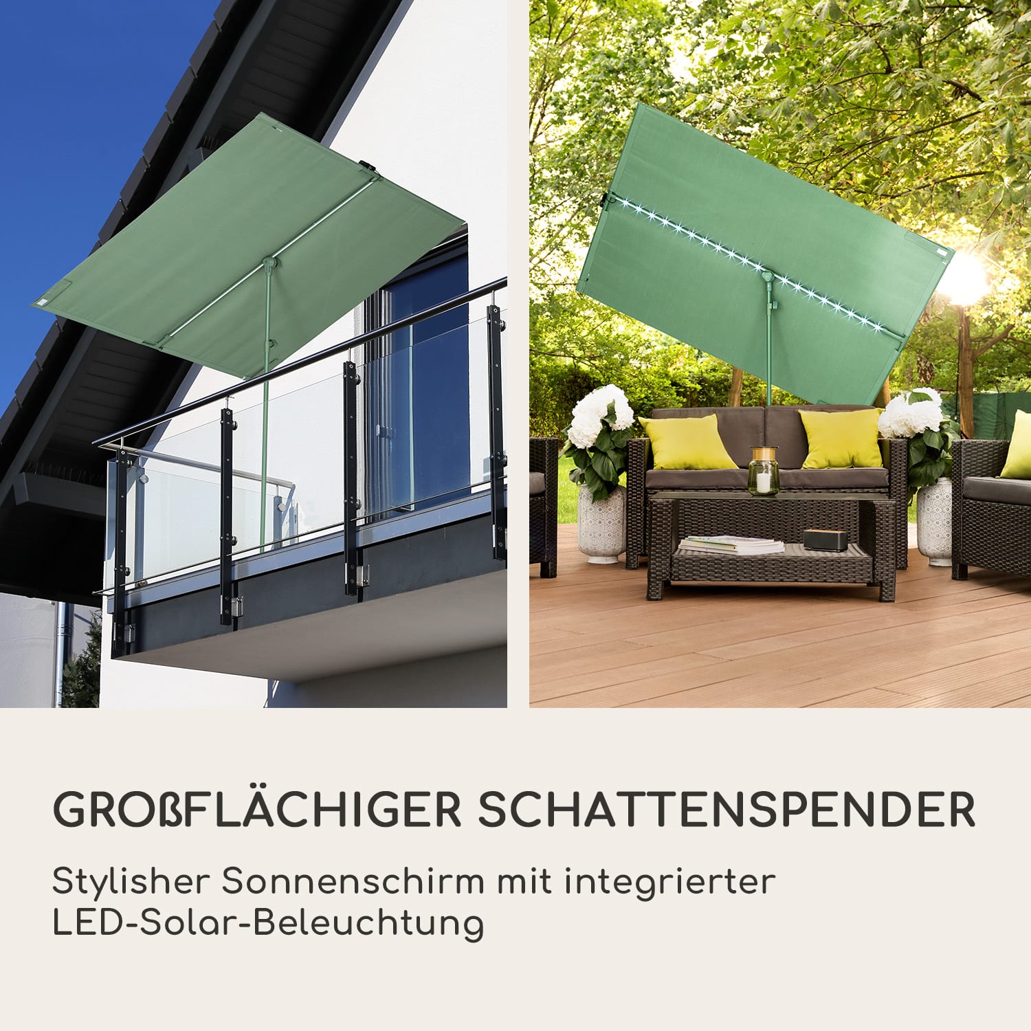 blumfeldt Bayonne Sonnenschirm 130 x 180 cm Polyester UV 50 Solar LED  Dunkles Moosgrün