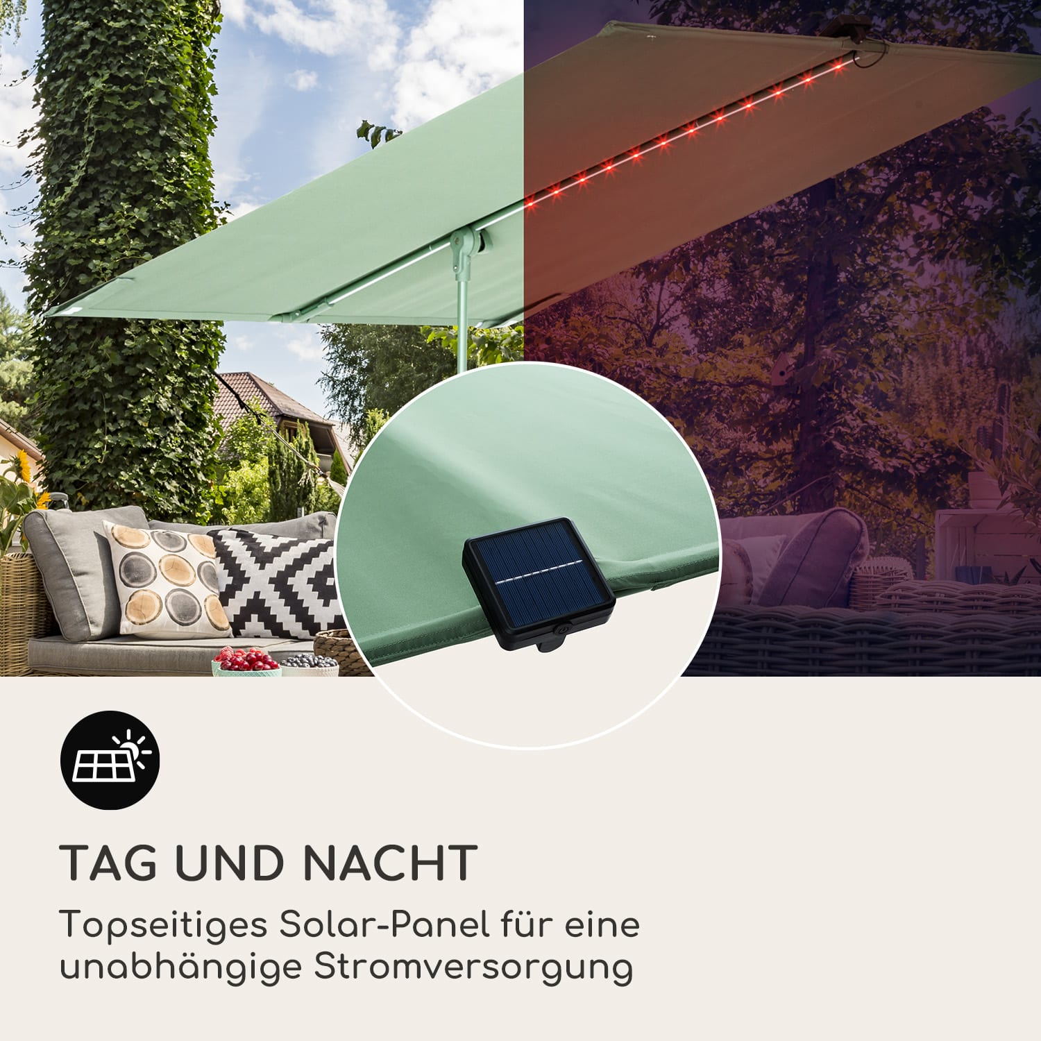 blumfeldt Bayonne Sonnenschirm 130 x 180 cm Polyester UV 50 Solar LED  Dunkles Moosgrün