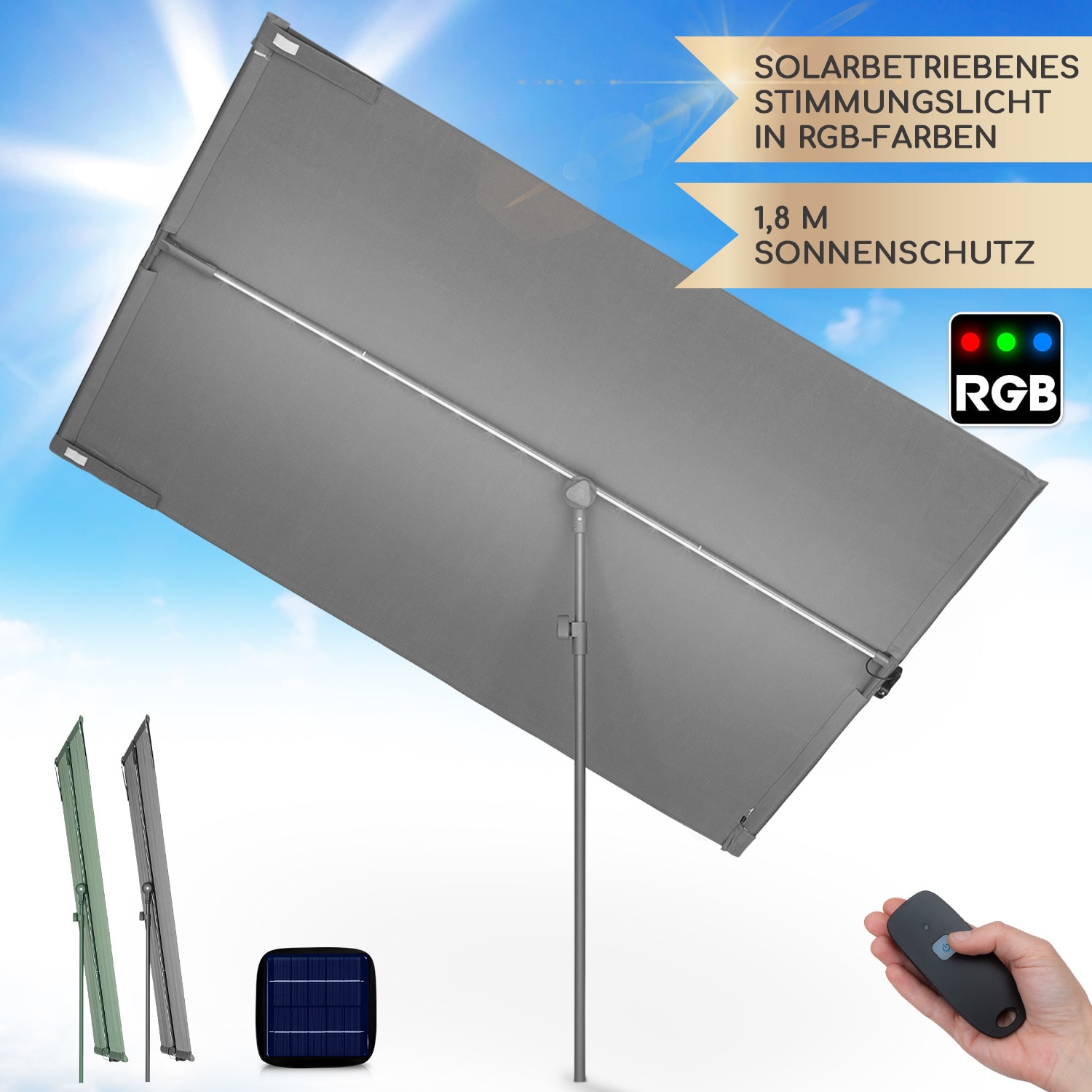 blumfeldt Bayonne Sonnenschirm 130 x 180 cm Polyester UV 50 Solar LED  Dunkelgrau