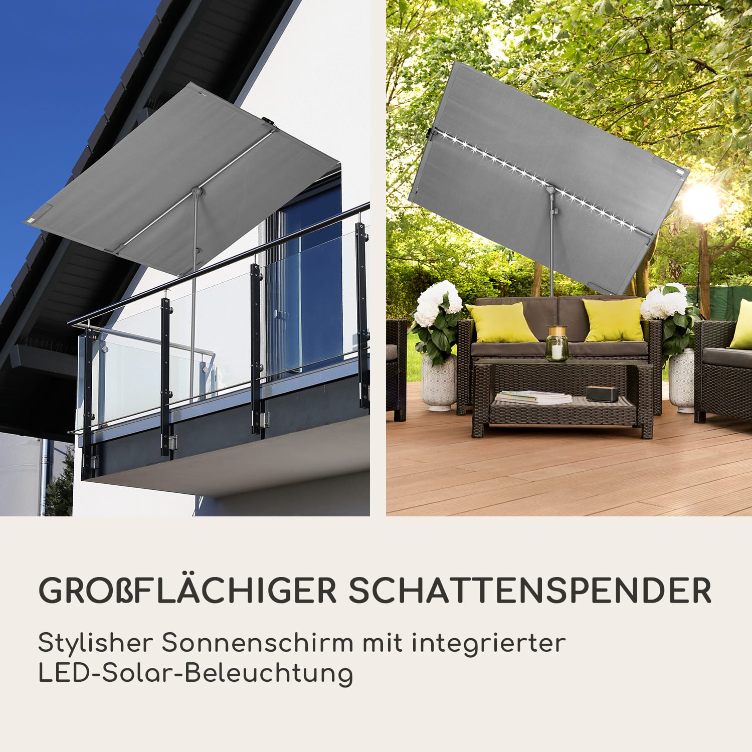 blumfeldt Bayonne Sonnenschirm 130 x 180 cm Polyester UV 50 Solar LED  Dunkelgrau