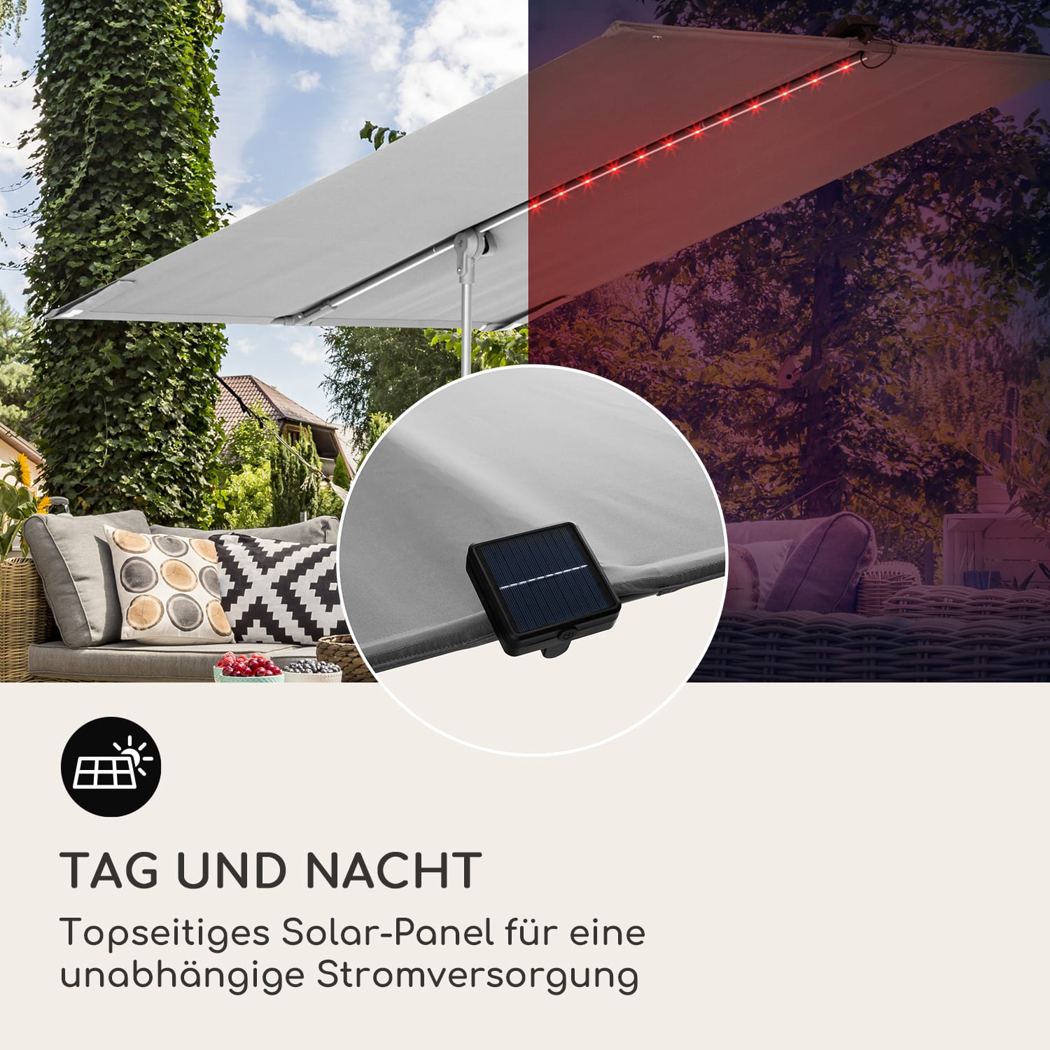 blumfeldt Bayonne Sonnenschirm 130 x 180 cm Polyester UV 50 Solar LED  Dunkelgrau