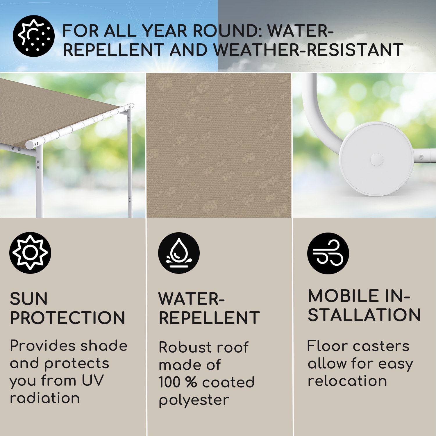 Nantes, pergola, slnečná strieška, 3 x 3 m, polyester, oceľový rám, UV 50+, podlahové kolieska Svetlá taupe