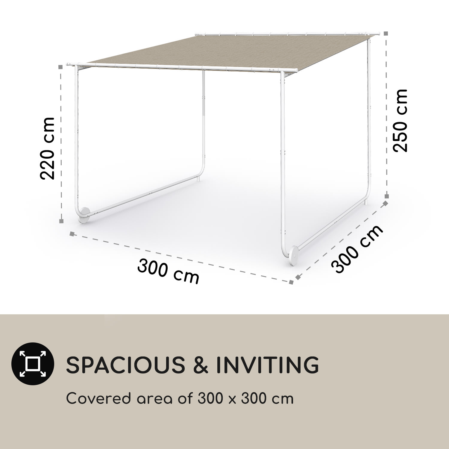 Nantes, pergola, slnečná strieška, 3 x 3 m, polyester, oceľový rám, UV 50+, podlahové kolieska Svetlá taupe