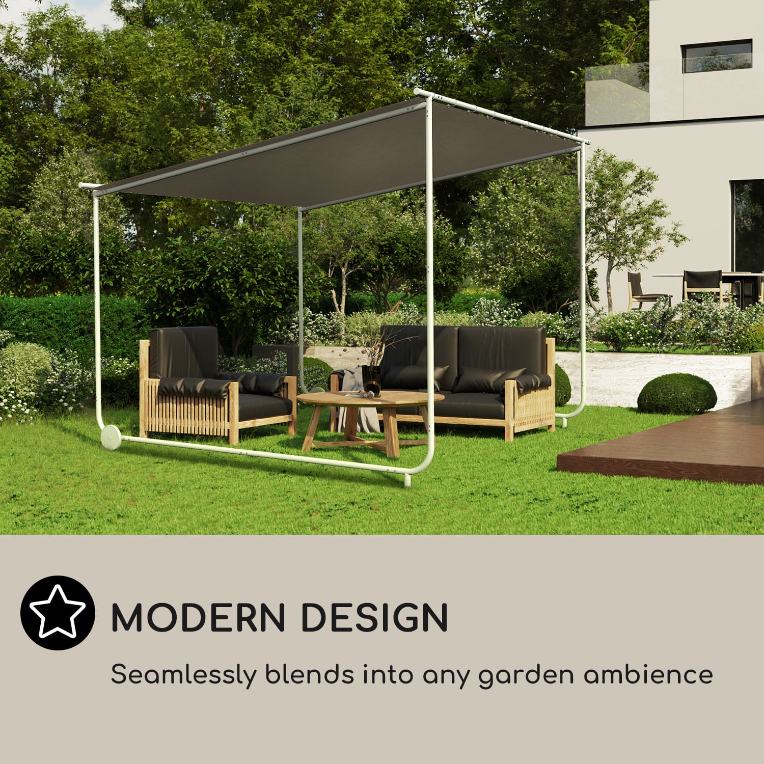 Nantes, pergola, slnečná strieška, 3 x 3 m, polyester, oceľový rám, UV 50+, podlahové kolieska Svetlá taupe