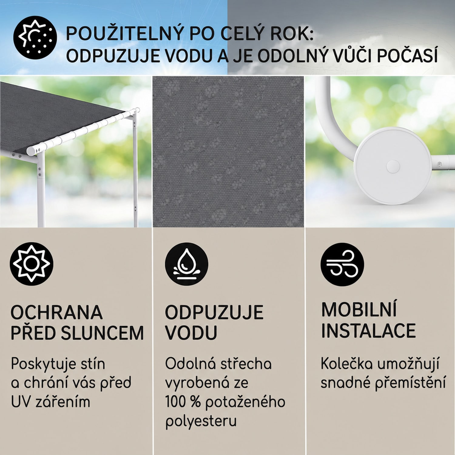 Nantes, altán, sluneční stříška, 3x3 m, polyester, ocelový rám, UV 50+, podlahová kolečka Tmavě šedá