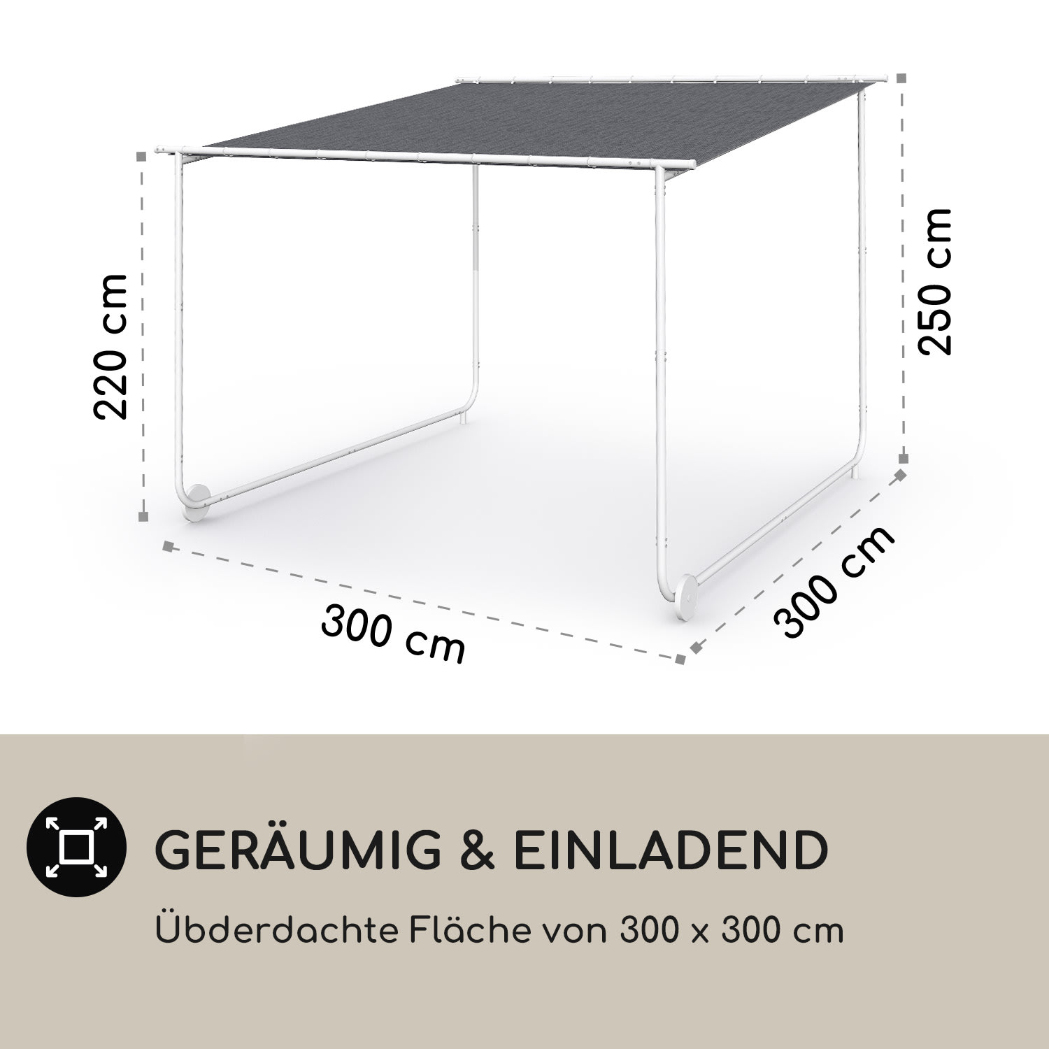 Nantes Pavillon Gazebo Sonnendach 3x3m Polyester Stahlrahmen UV50+ Bodenrollen Dunkelgrau