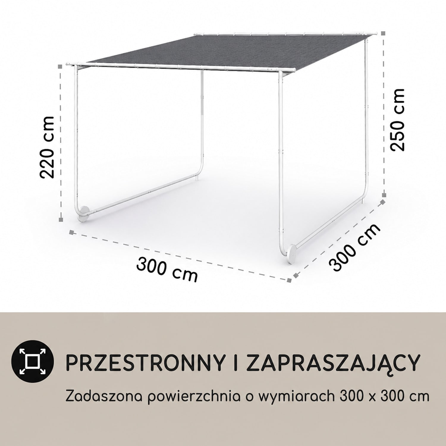 Nantes, altana ogrodowa, pawilon, dach przeciwsłoneczny, 3 x 3 m, poliester, stal, UPF 50+, kółka Ciemnoszary