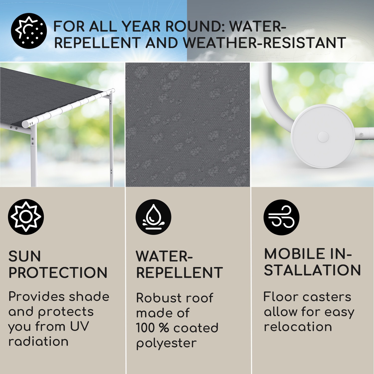 Nantes, altán, sluneční stříška, 3x3 m, polyester, ocelový rám, UV 50+, podlahová kolečka Tmavě šedá