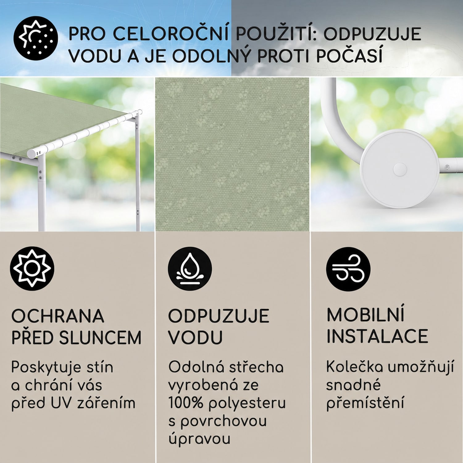 Nantes, altán, sluneční stříška, 3x3 m, polyester, ocelový rám, UV 50+, podlahová kolečka Mech