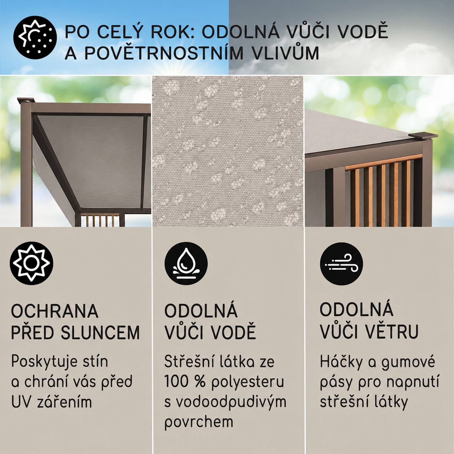 Valenta, altán, 3 x 3 m, UV50+, vodoodpudivá, solární LED osvětlení, solární panel Svislé vzpěry | Tmavá taupe