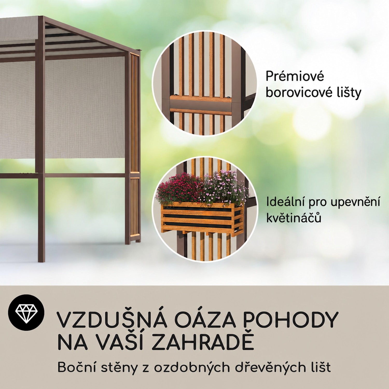 Valenta, altán, 3 x 3 m, UV50+, vodoodpudivá, solární LED osvětlení, solární panel Svislé vzpěry | Tmavá taupe