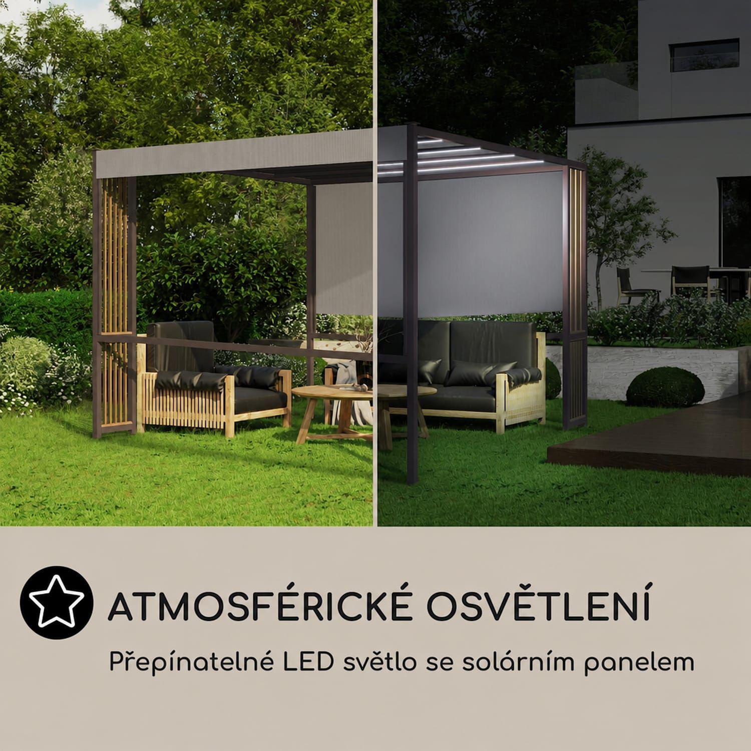 Valenta, altán, 3 x 3 m, UV50+, vodoodpudivá, solární LED osvětlení, solární panel Svislé vzpěry | Tmavá taupe