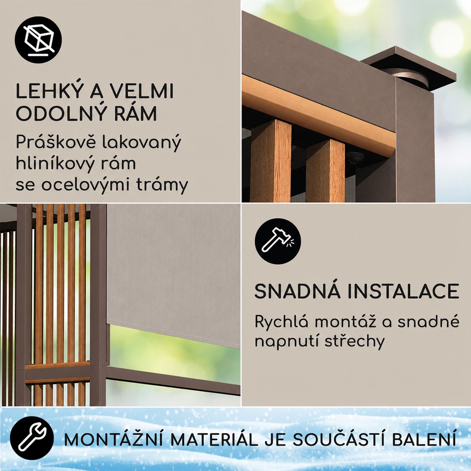Valenta, altán, 3 x 3 m, UV50+, vodoodpudivá, solární LED osvětlení, solární panel Svislé vzpěry | Tmavá taupe