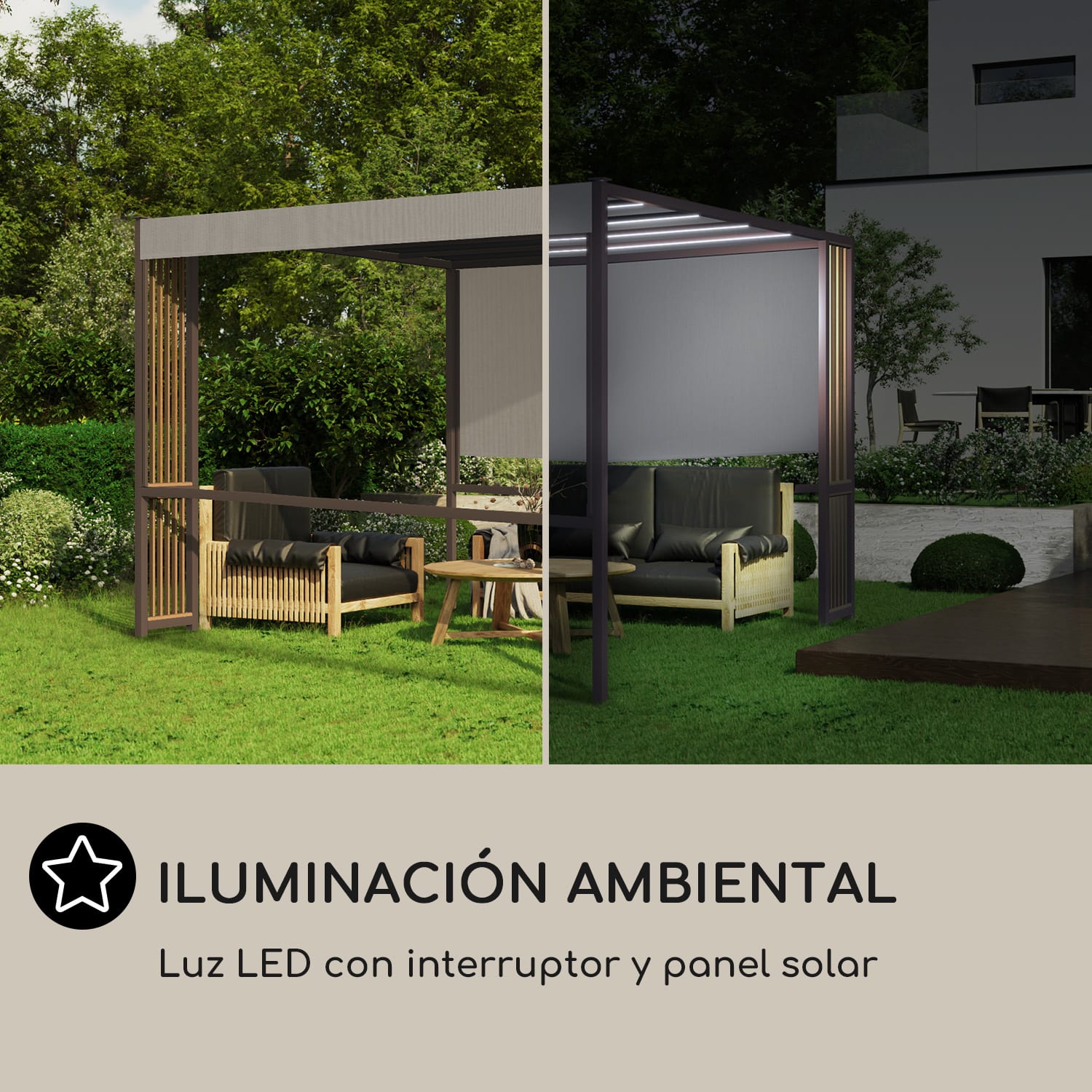 Valla Gazebo 3x3 m UV50+ Repelente de Agua Iluminación Solar LED Puntales verticales | Gris Oscuro