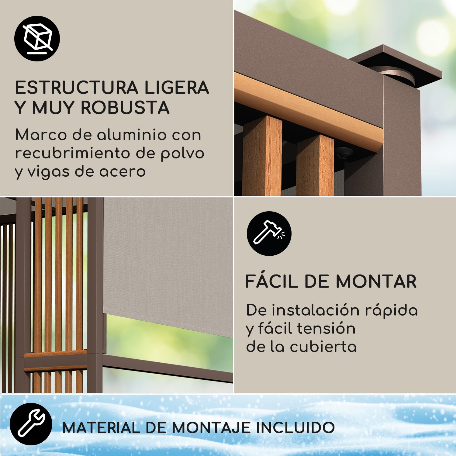 Valla Gazebo 3x3 m UV50+ Repelente de Agua Iluminación Solar LED Puntales verticales | Gris Oscuro