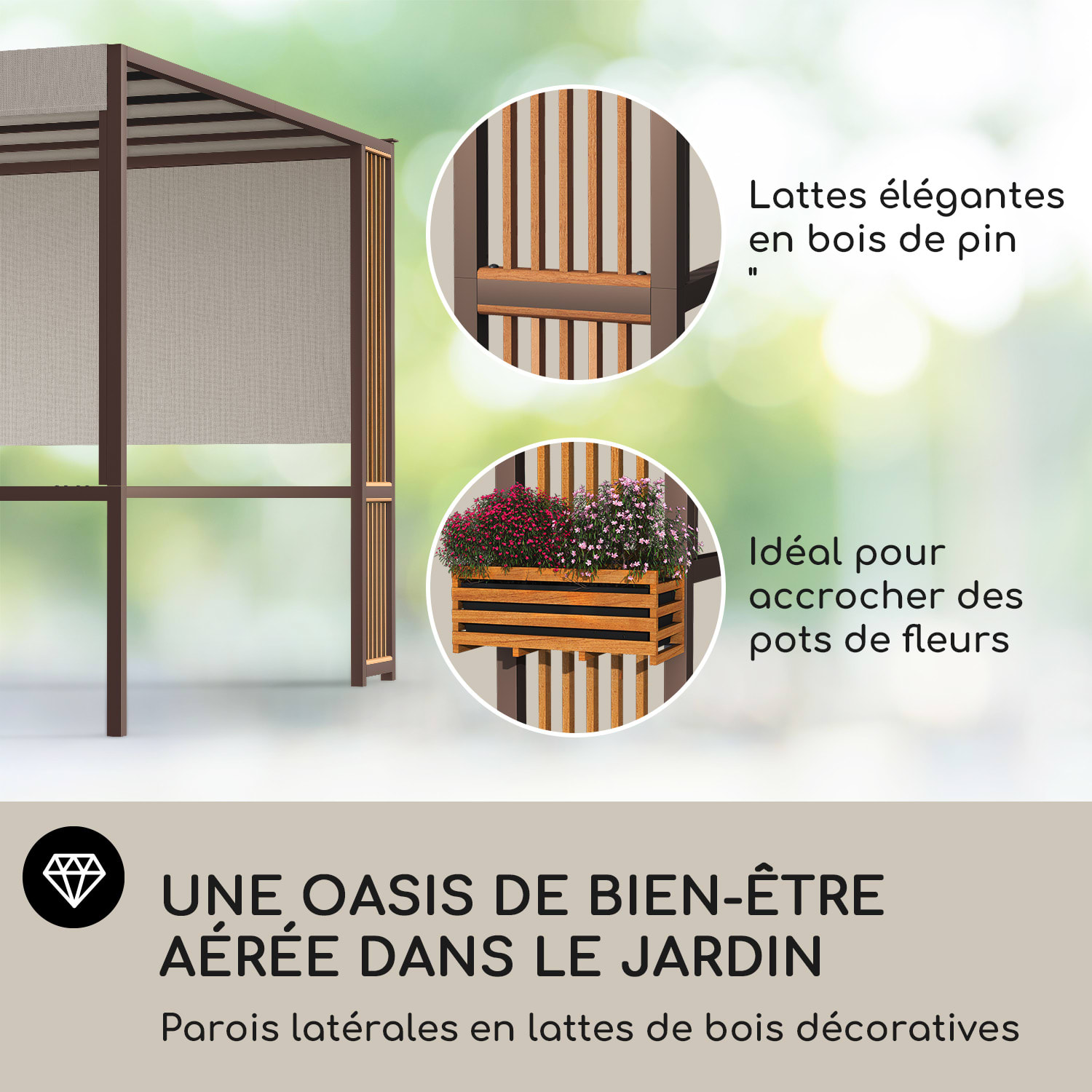 Valence Gazébo 3x3 m UV50+ hydrofuge Éclairage solaire LED Panneau solaire Entretoises verticales | Taupe Sombre