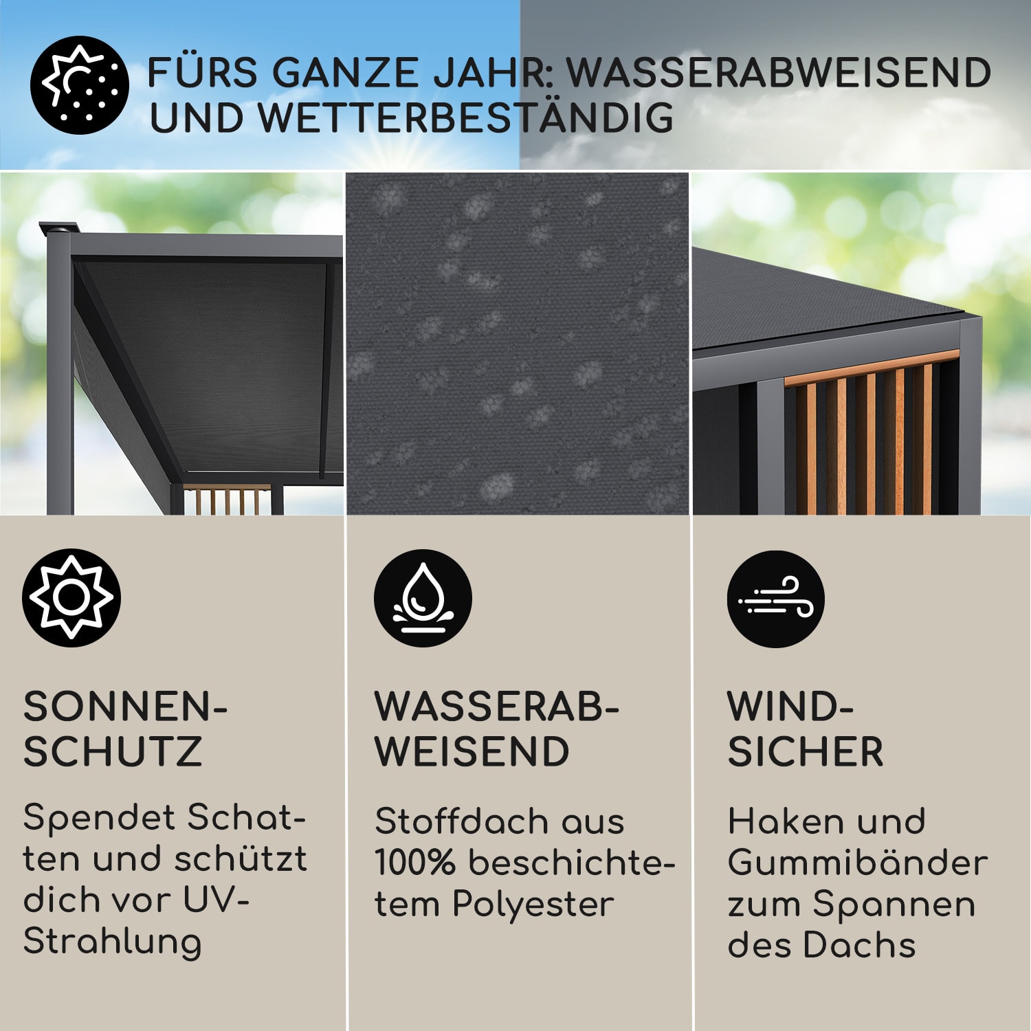 Valence Gazebo 3x3 m UV50+ wasserabweisend LED-Solar-Beleuchtung Solar-Panel Vertikale Streben | Dunkelgrau