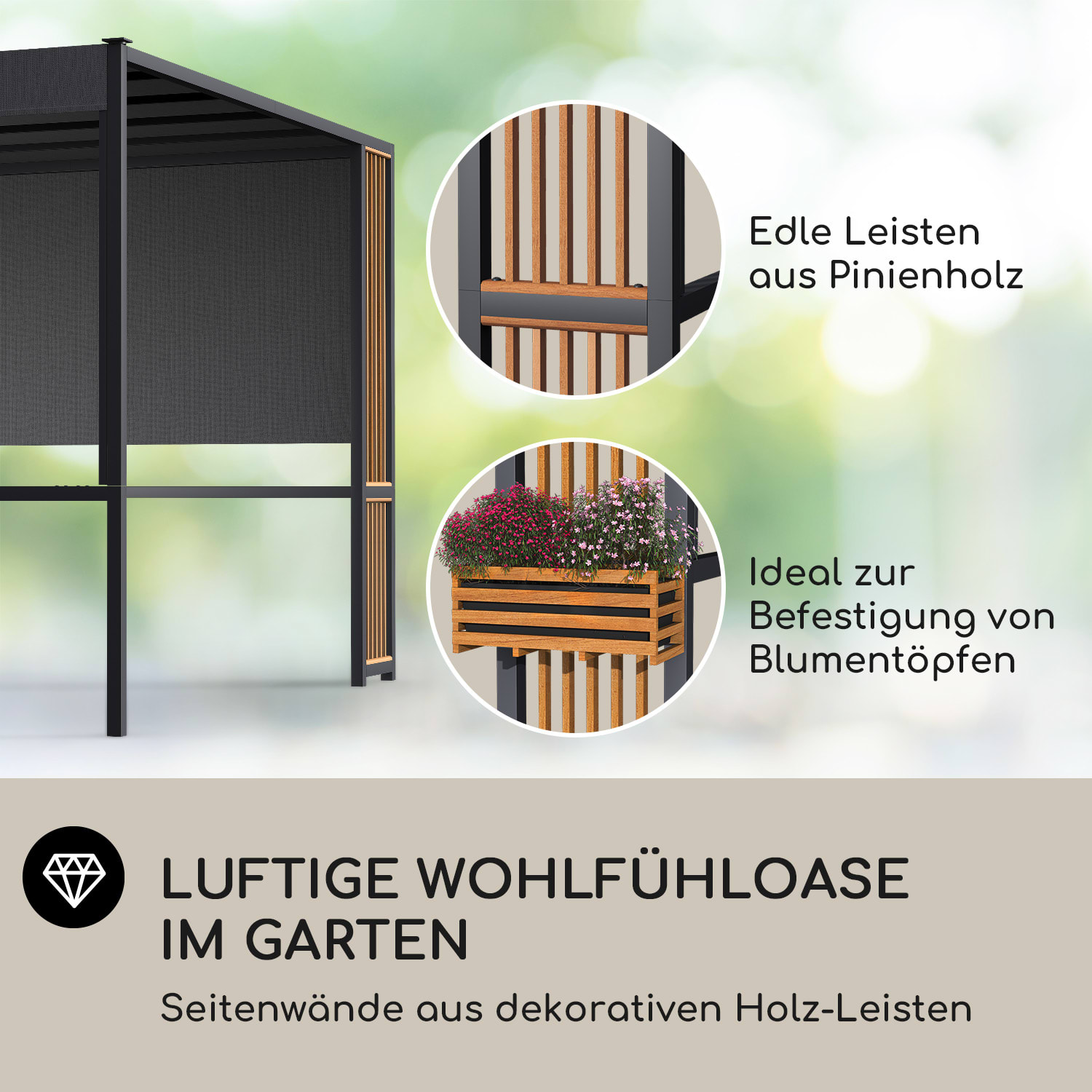 Valence Gazebo 3x3 m UV50+ wasserabweisend LED-Solar-Beleuchtung Solar-Panel Vertikale Streben | Dunkelgrau