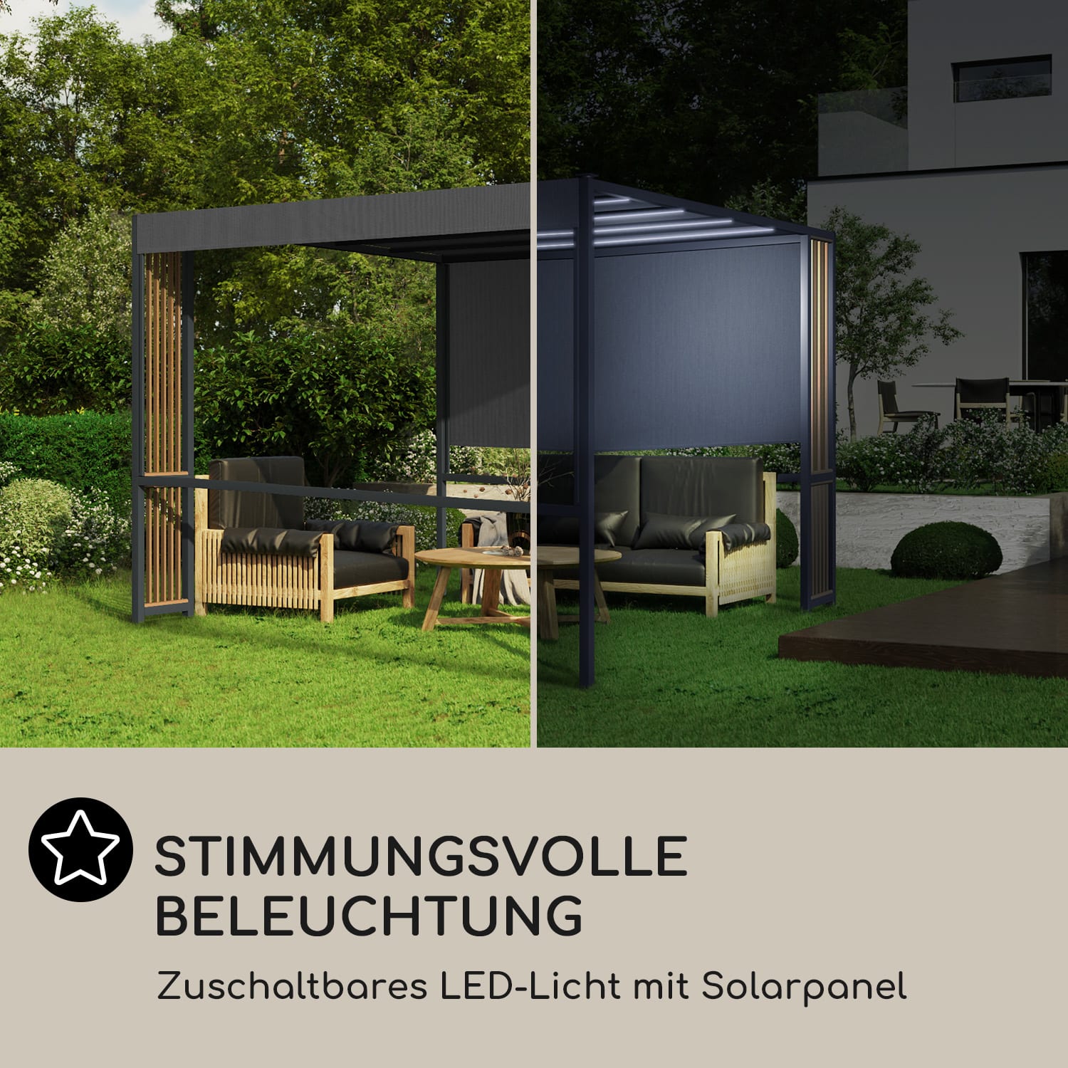 Valence Gazebo 3x3 m UV50+ wasserabweisend LED-Solar-Beleuchtung Solar-Panel Vertikale Streben | Dunkelgrau