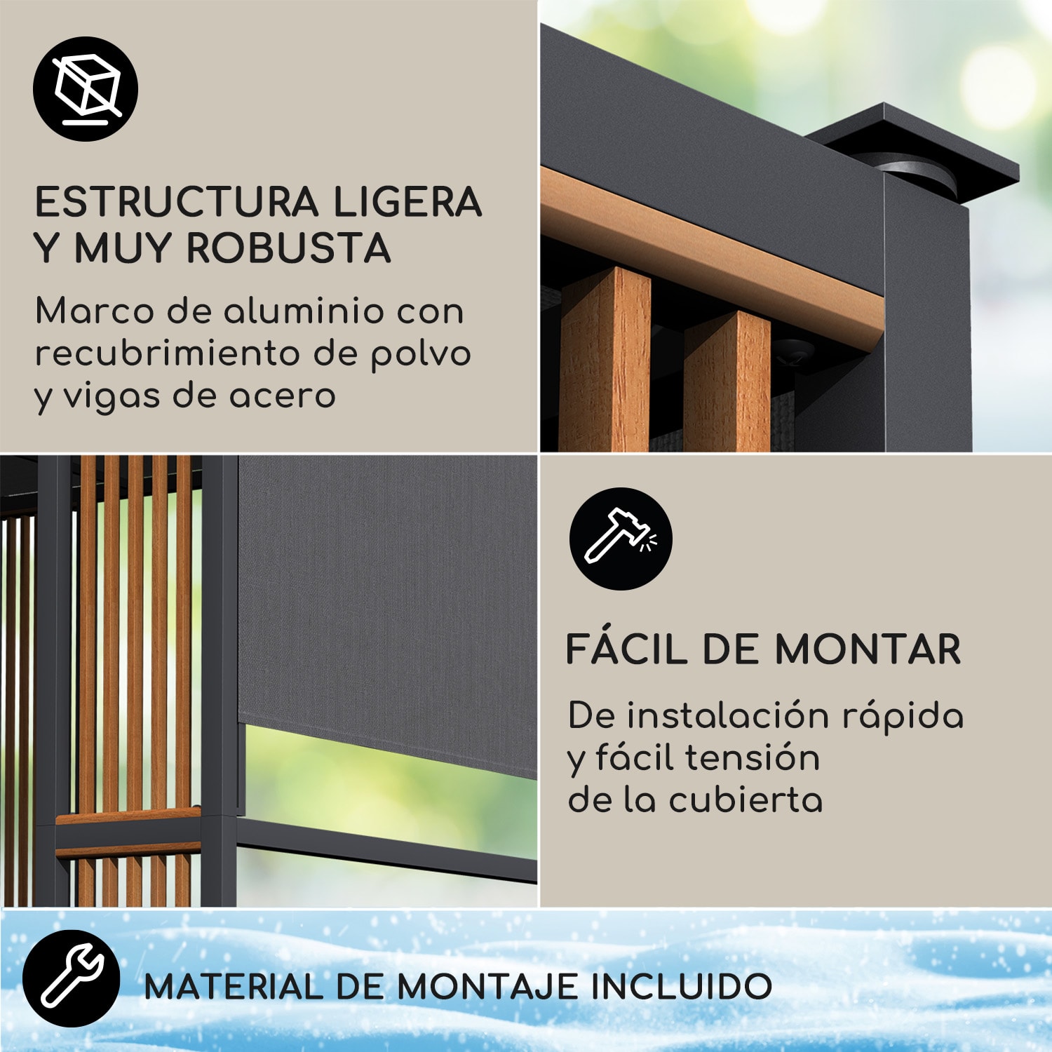 Valla Gazebo 3x3 m UV50+ Repelente de Agua Iluminación Solar LED Puntales verticales | Gris Oscuro