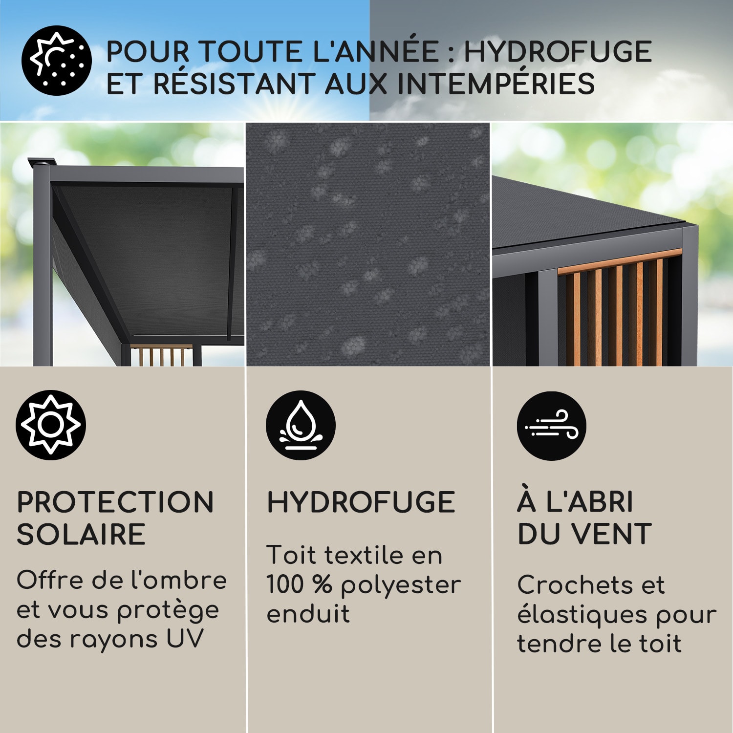 Valence Gazébo 3x3 m UV50+ hydrofuge Éclairage solaire LED Panneau solaire Entretoises verticales | Gris Foncé