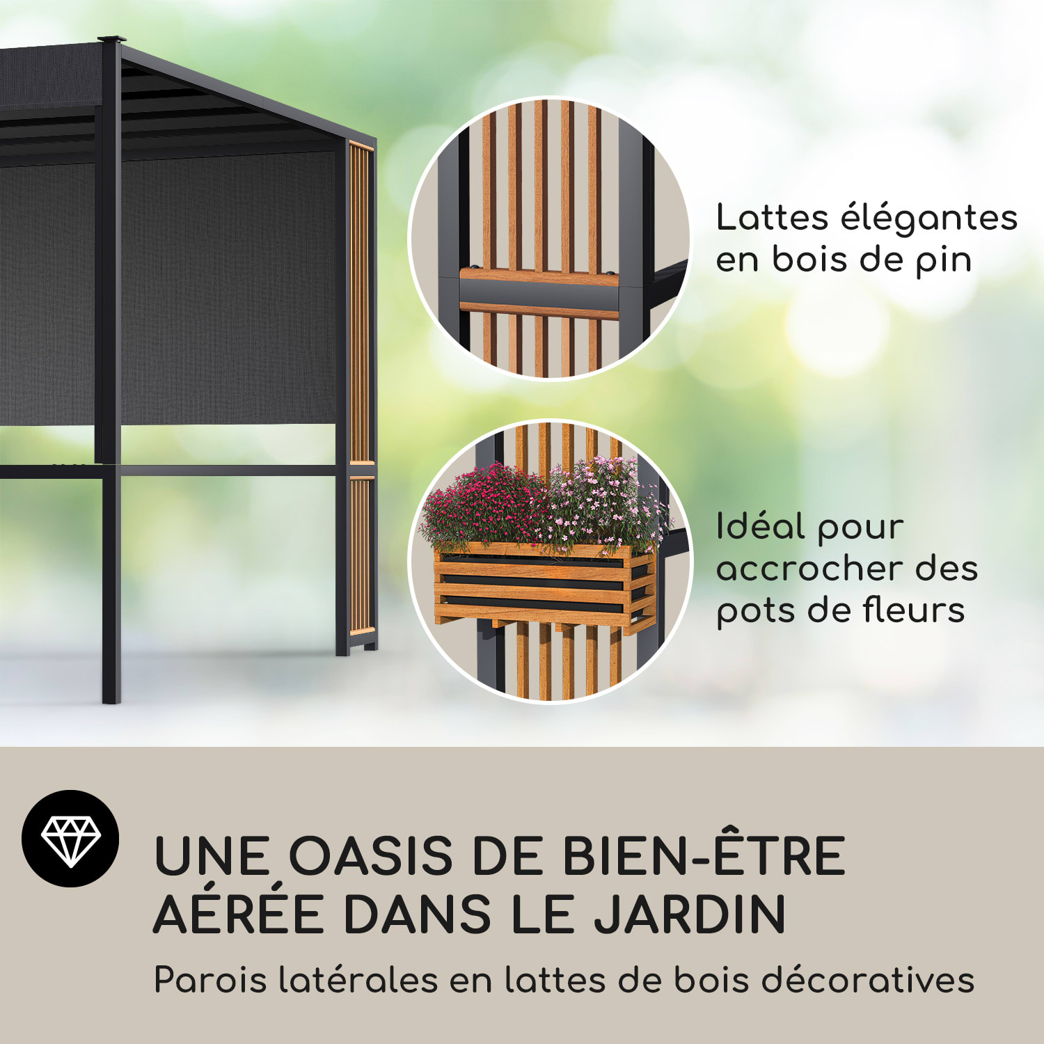 Valence Gazébo 3x3 m UV50+ hydrofuge Éclairage solaire LED Panneau solaire Entretoises verticales | Gris Foncé