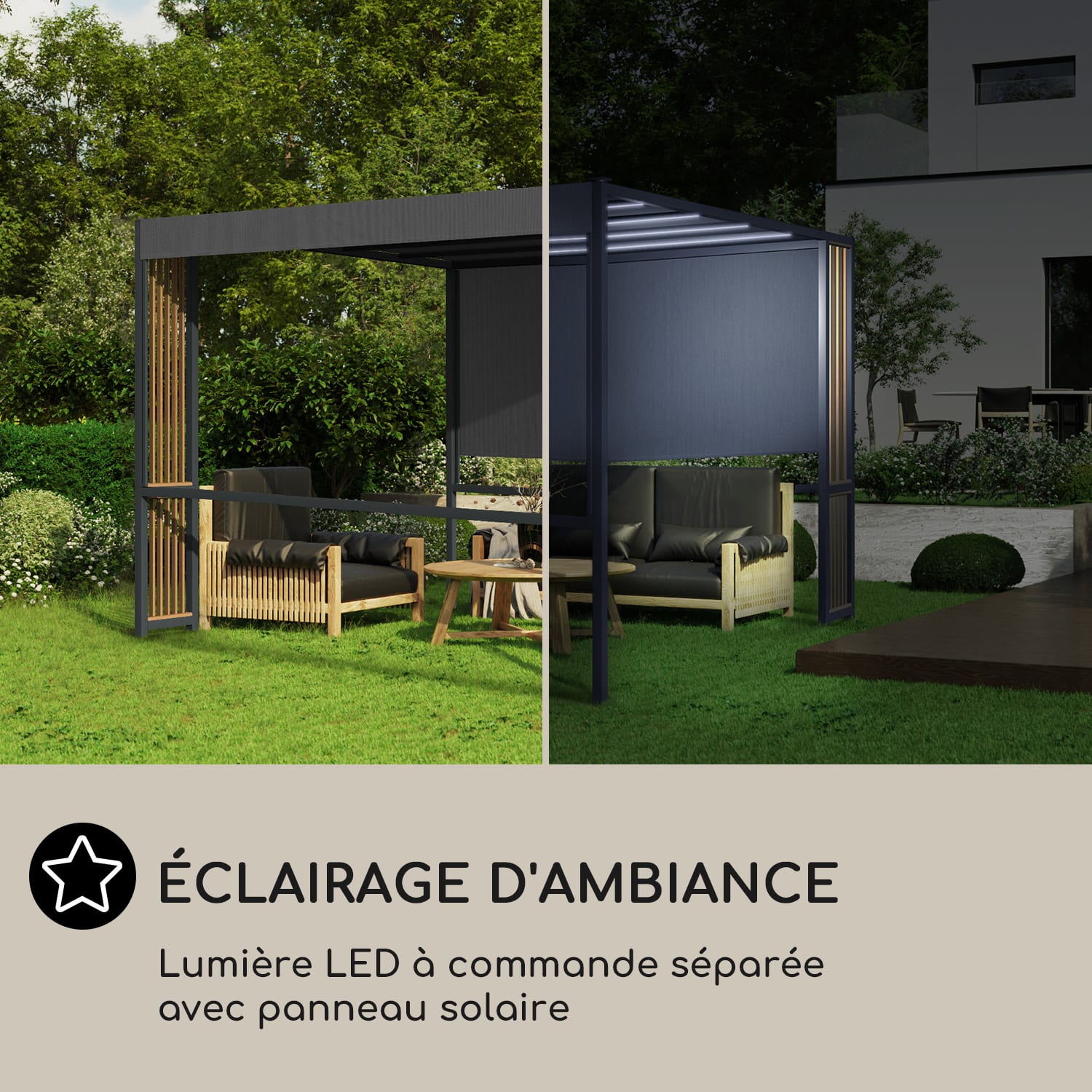 Valence Gazébo 3x3 m UV50+ hydrofuge Éclairage solaire LED Panneau solaire Entretoises verticales | Gris Foncé