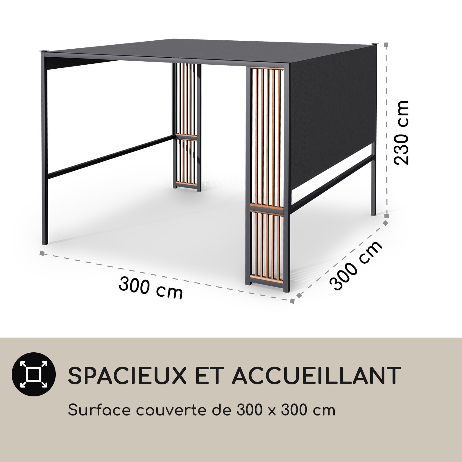 Valence Gazébo 3x3 m UV50+ hydrofuge Éclairage solaire LED Panneau solaire Entretoises verticales | Gris Foncé