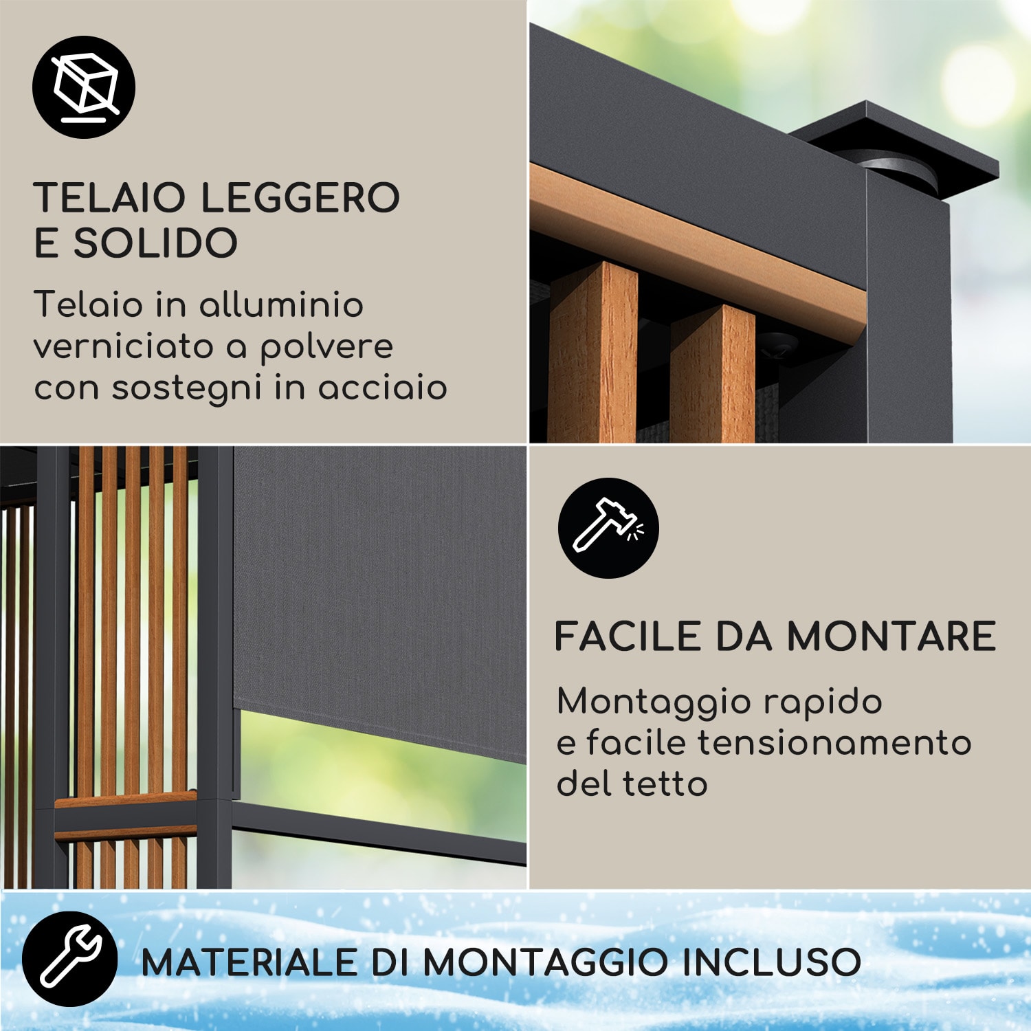 Valence gazebo 3x3 m, UV50+, idrorepellente, illuminazione solare a LED, pannello solare Puntoni verticali | Grigio scuro