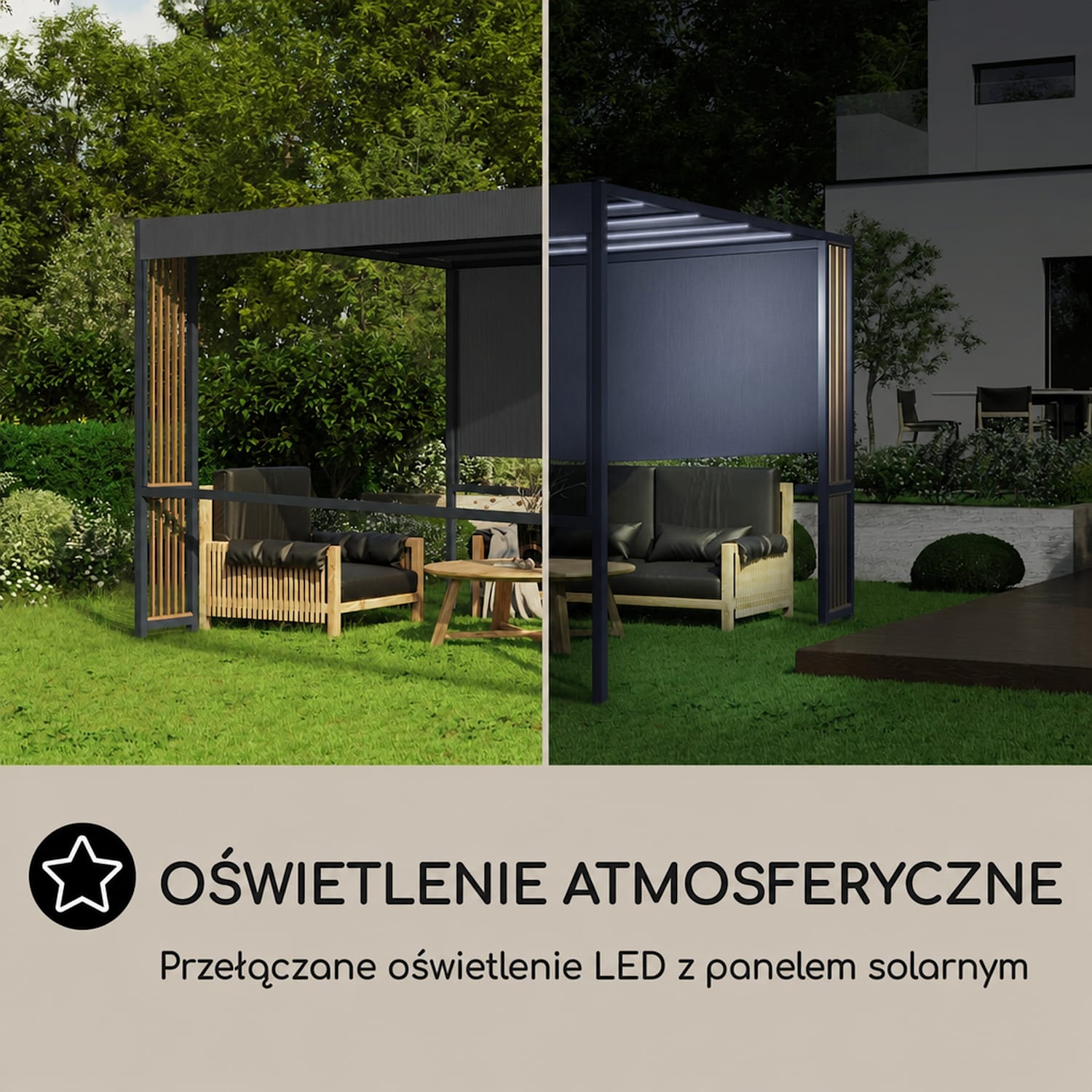 Valence, altana, 3 x 3 m, UV50+, hydrofobowa, oświetlenie solarne LED, panel solarny Rozpórki pionowe | Ciemnoszary