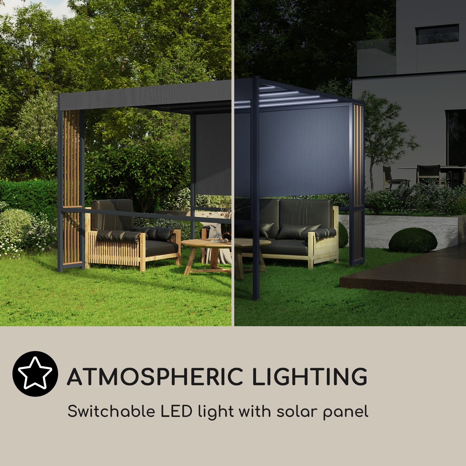Valence, altánok, 3 x 3 m, UV50+, vodoodpudivý, solárne LED osvetlenie, solárny panel Vertikálne vzpery | Tmavo šedá